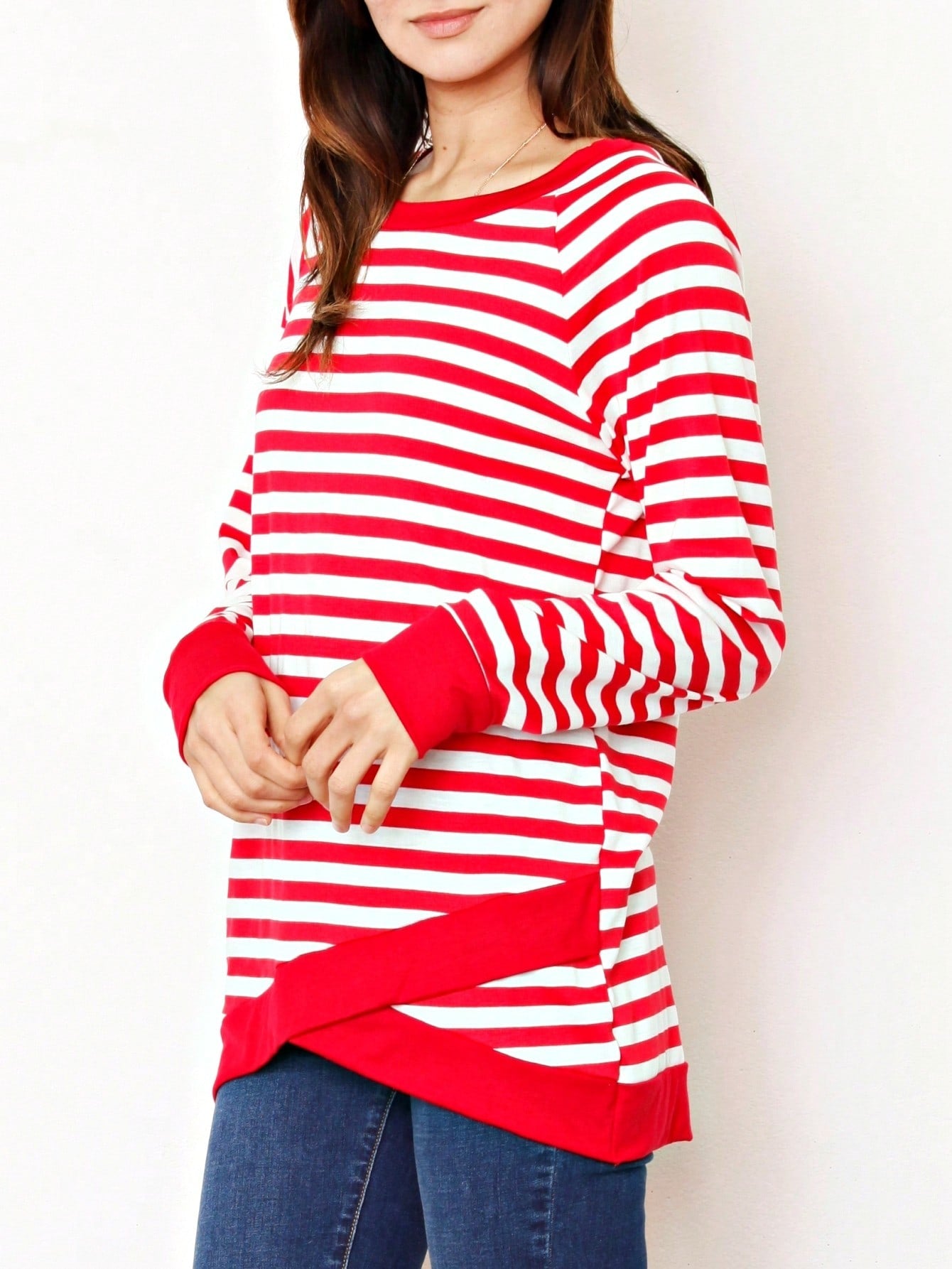 Boho Retro Knot Twisted Front Floral Stripe Knit  Top Blouse Shirt Pullover With Front Pocket