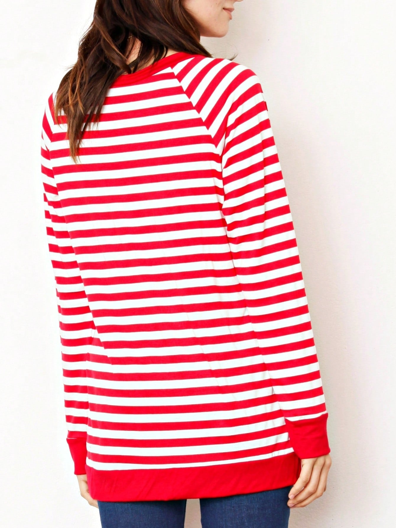 Boho Retro Knot Twisted Front Floral Stripe Knit  Top Blouse Shirt Pullover With Front Pocket