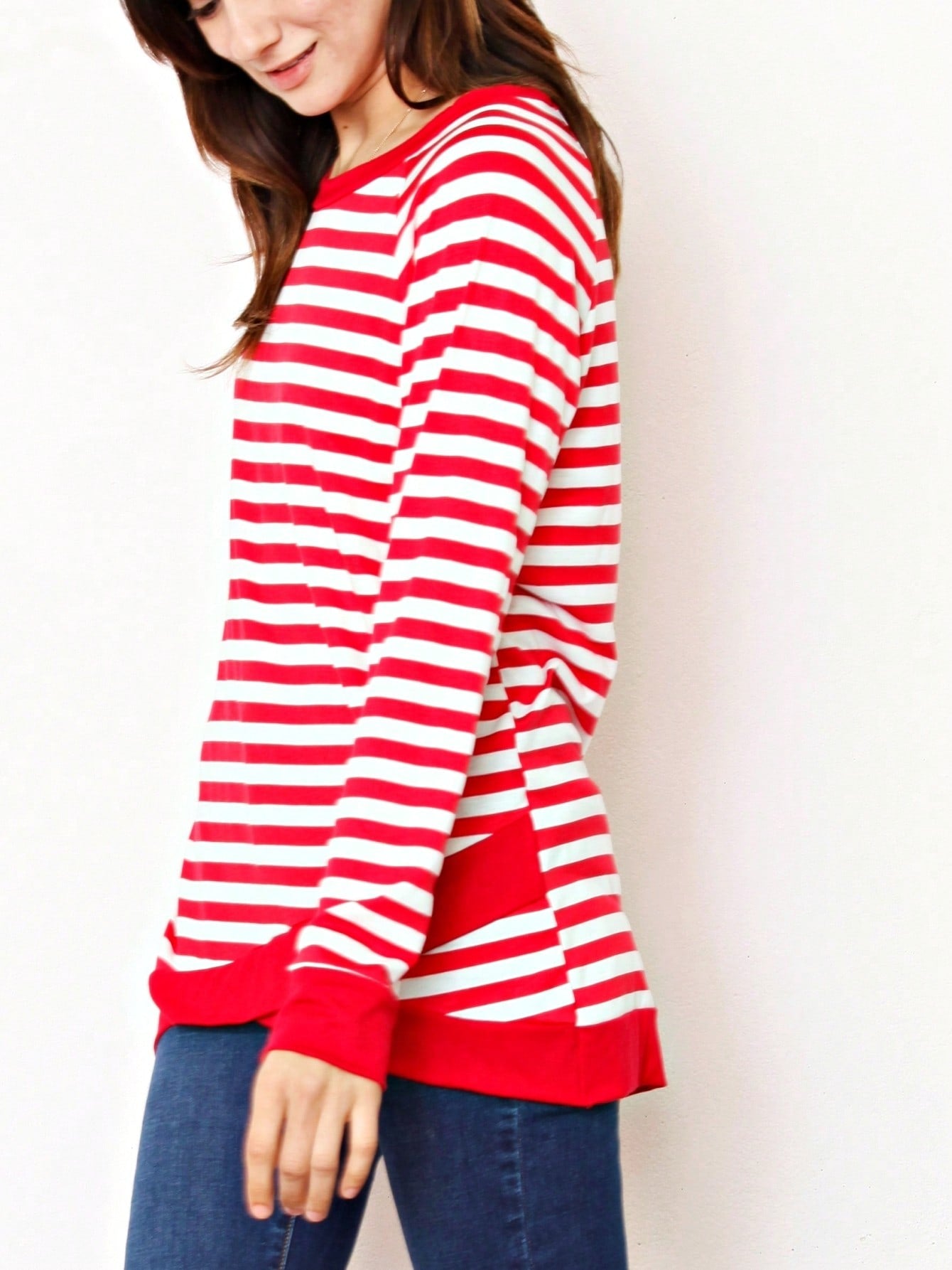 Boho Retro Knot Twisted Front Floral Stripe Knit  Top Blouse Shirt Pullover With Front Pocket