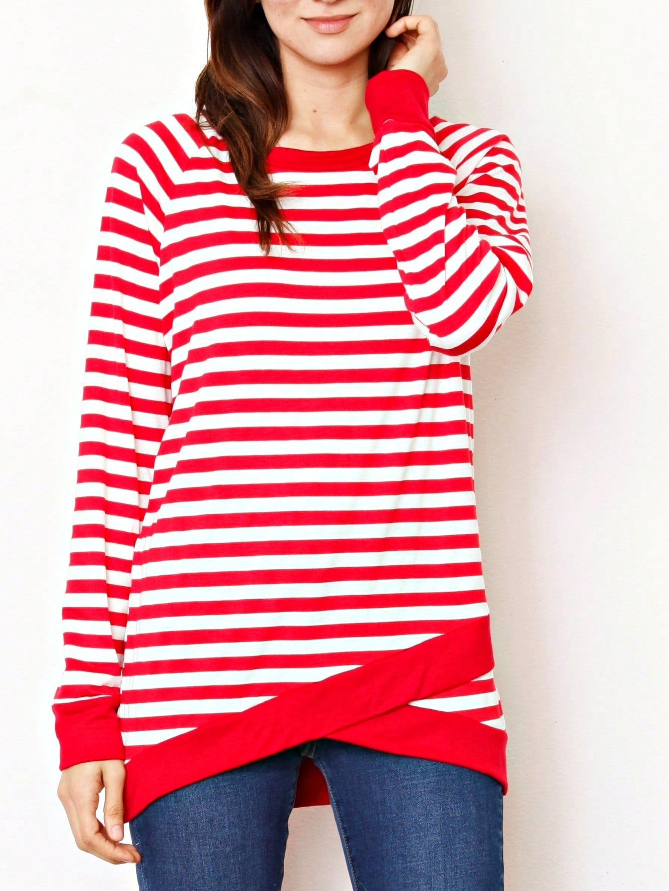 Boho Retro Knot Twisted Front Floral Stripe Knit  Top Blouse Shirt Pullover With Front Pocket