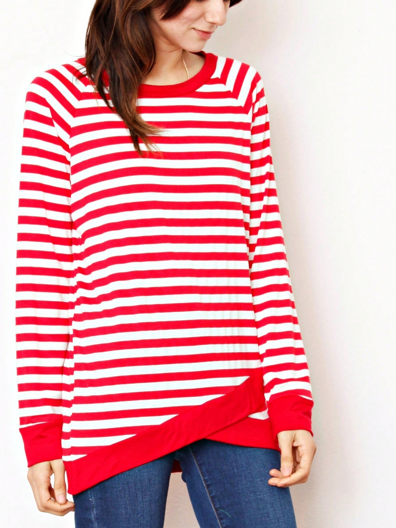 Boho Retro Knot Twisted Front Floral Stripe Knit  Top Blouse Shirt Pullover With Front Pocket