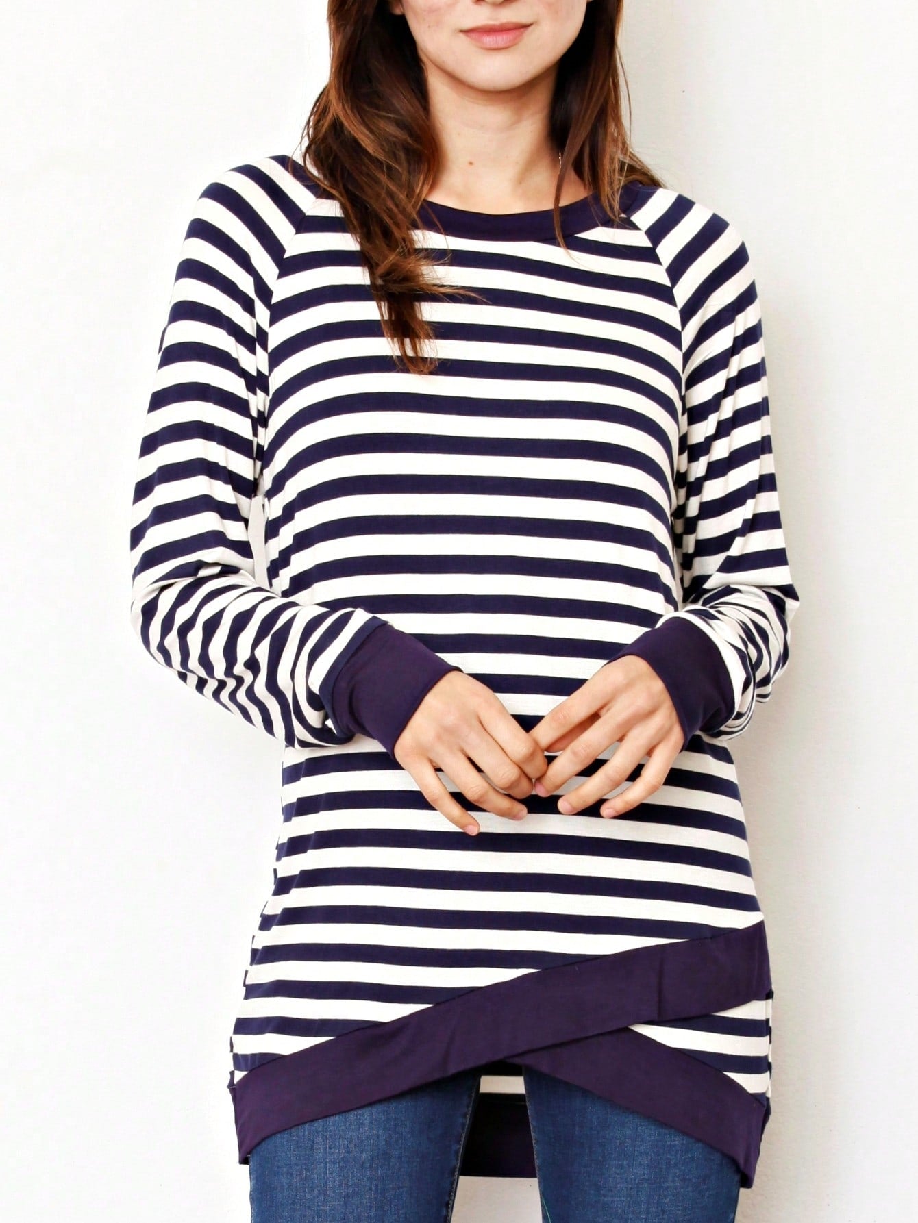 Boho Retro Knot Twisted Front Floral Stripe Knit  Top Blouse Shirt Pullover With Front Pocket