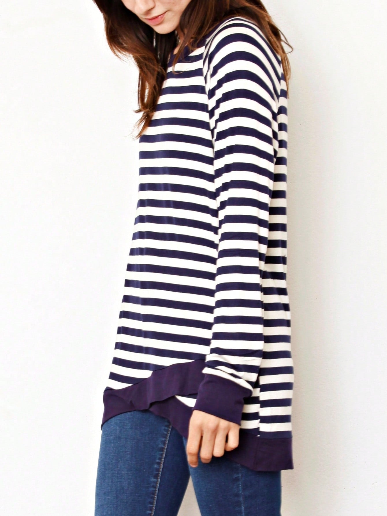 Boho Retro Knot Twisted Front Floral Stripe Knit  Top Blouse Shirt Pullover With Front Pocket
