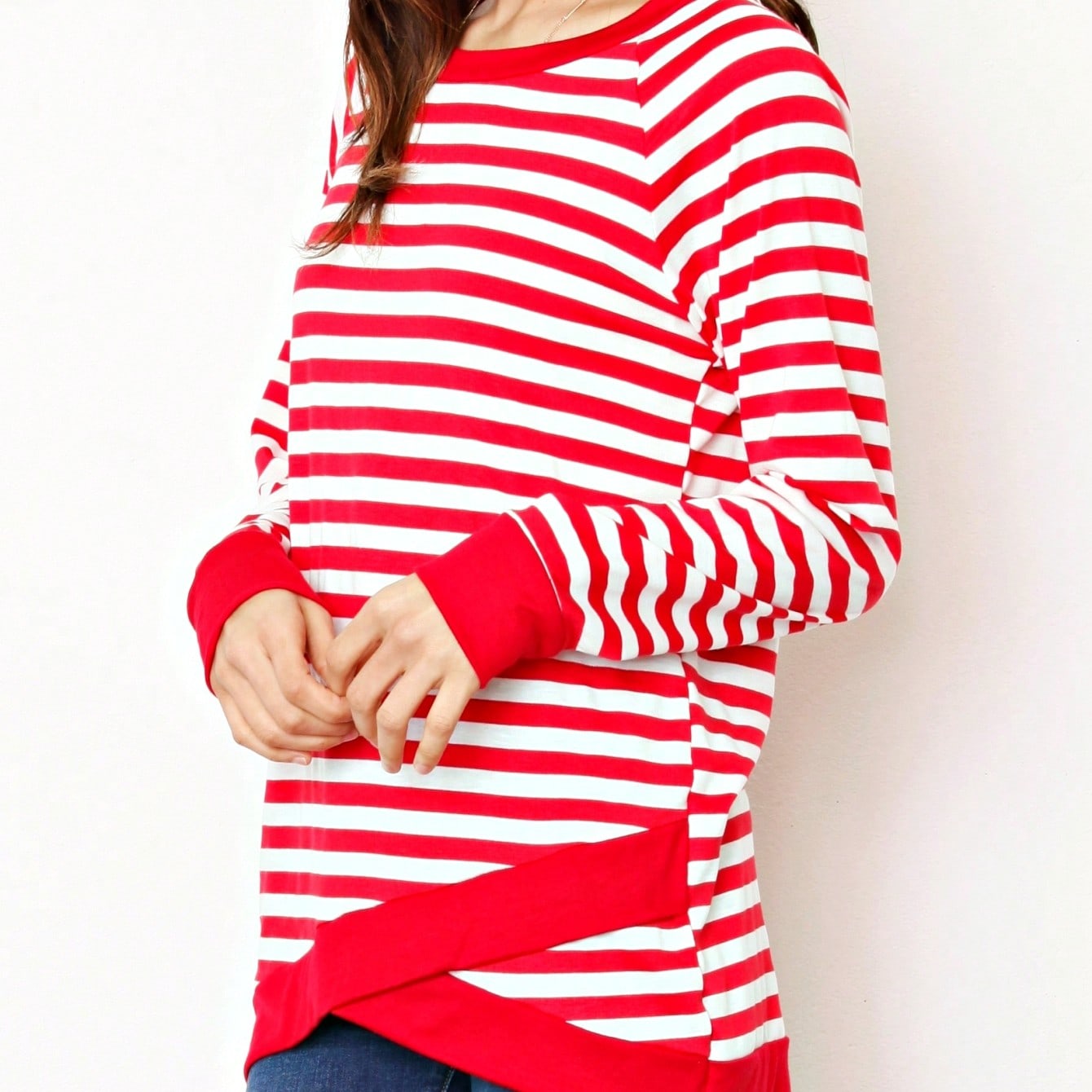 Boho Retro Knot Twisted Front Floral Stripe Knit  Top Blouse Shirt Pullover With Front Pocket
