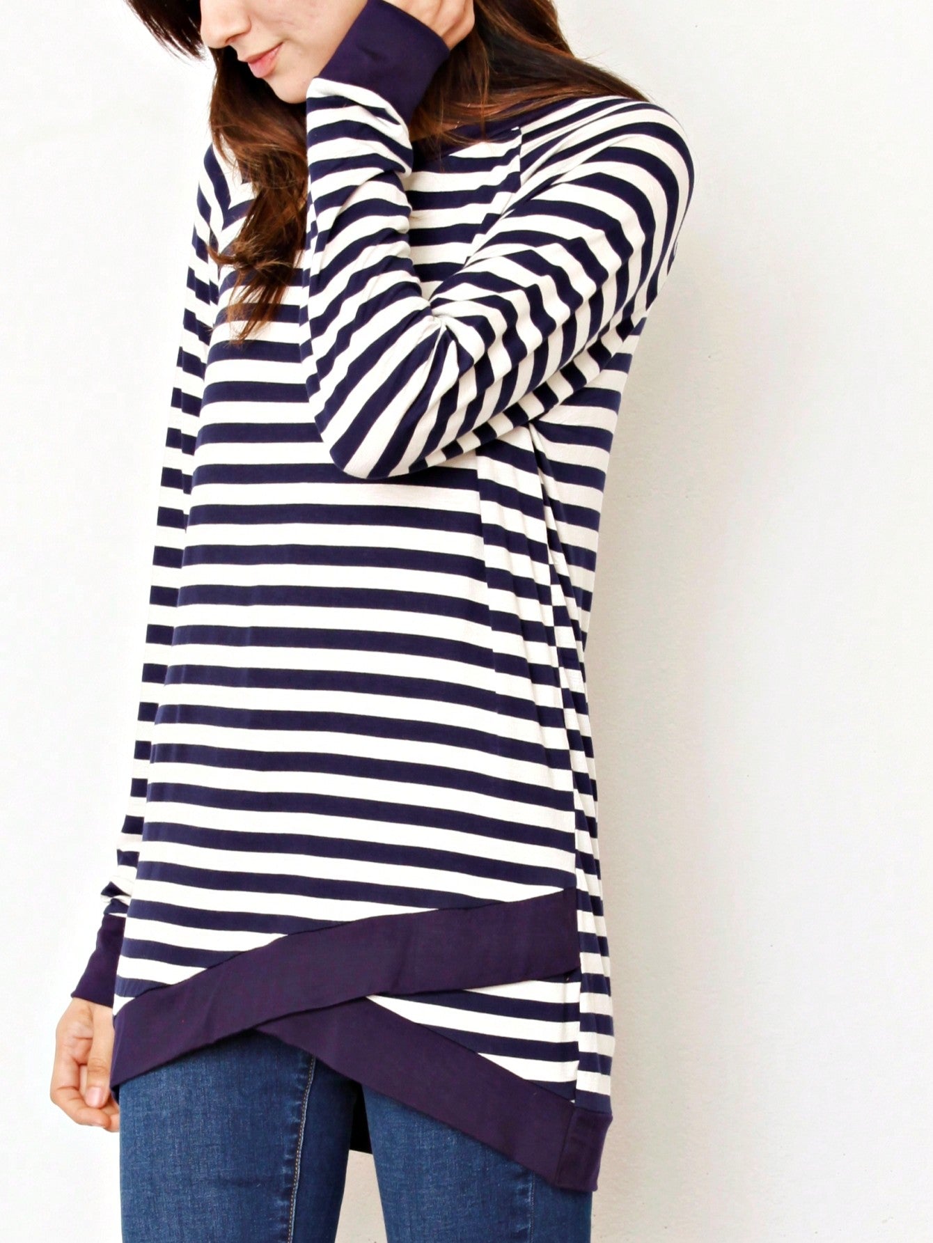 Boho Retro Knot Twisted Front Floral Stripe Knit  Top Blouse Shirt Pullover With Front Pocket