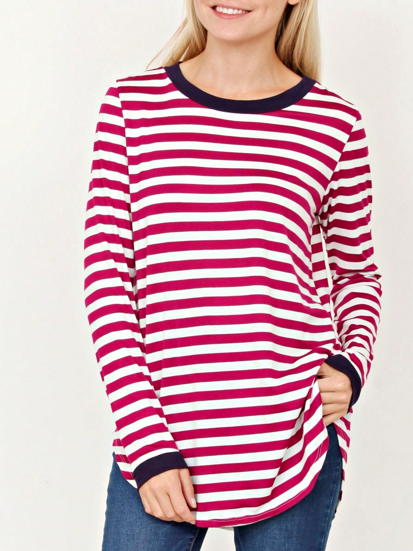 Boho Retro Knot Twisted Front Floral Stripe Knit  Top Blouse Shirt Pullover With Front Pocket