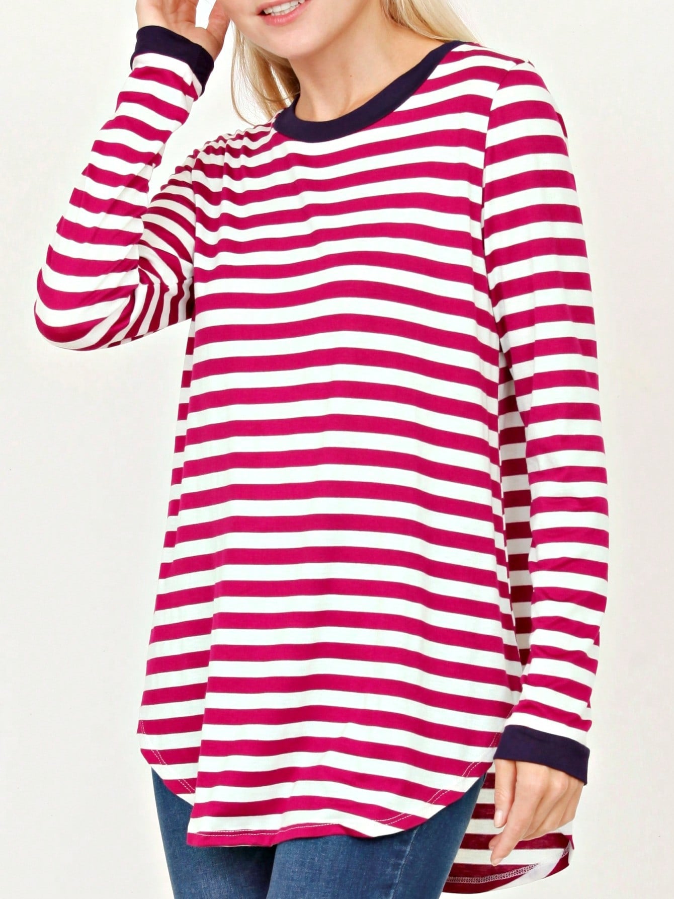 Boho Retro Knot Twisted Front Floral Stripe Knit  Top Blouse Shirt Pullover With Front Pocket