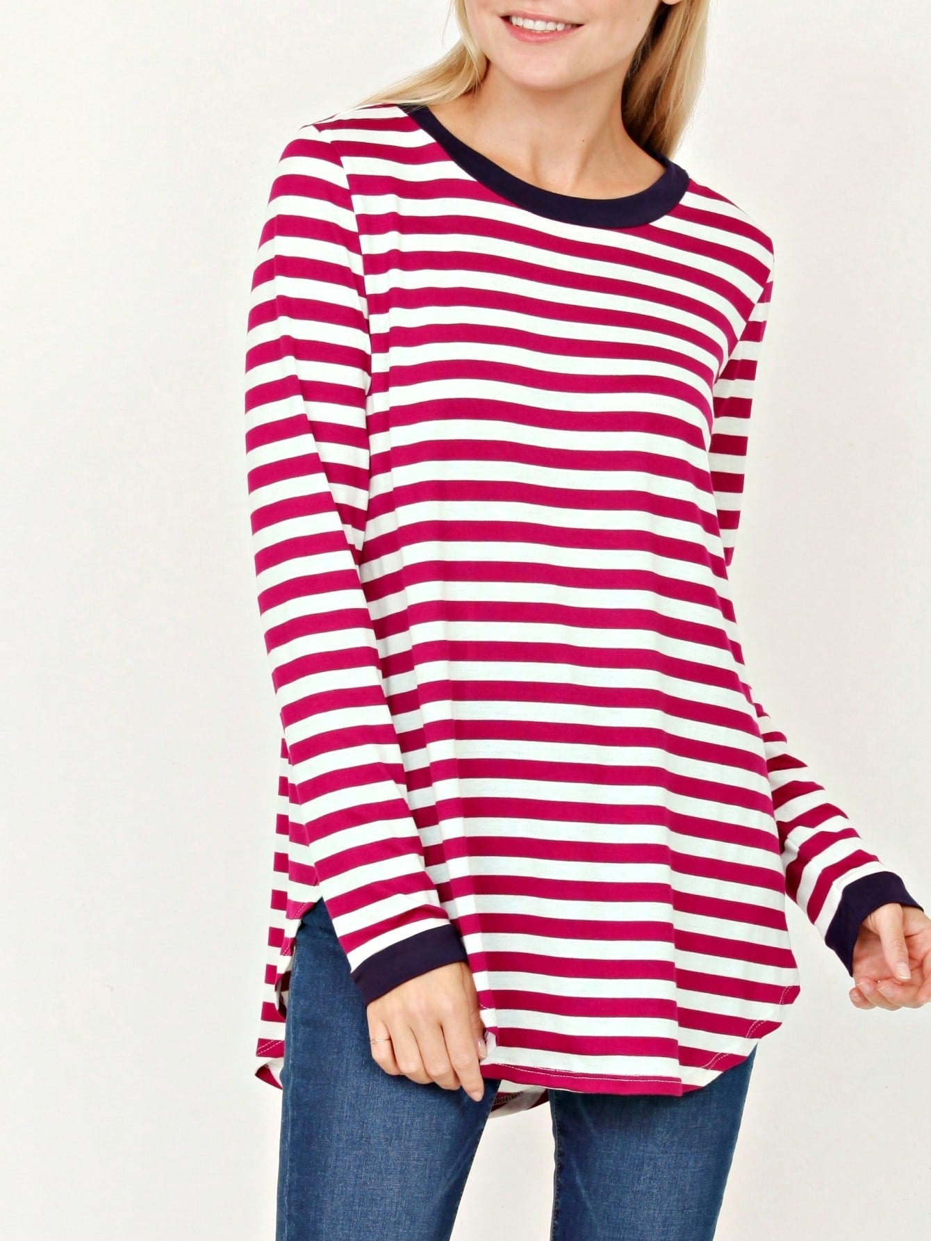Boho Retro Knot Twisted Front Floral Stripe Knit  Top Blouse Shirt Pullover With Front Pocket