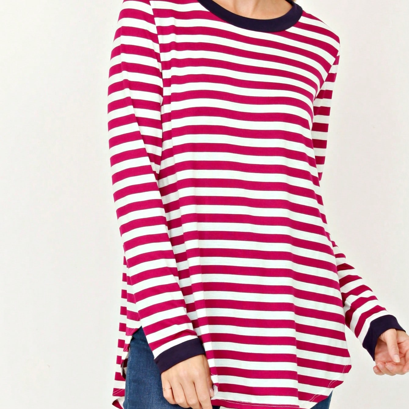 Boho Retro Knot Twisted Front Floral Stripe Knit  Top Blouse Shirt Pullover With Front Pocket