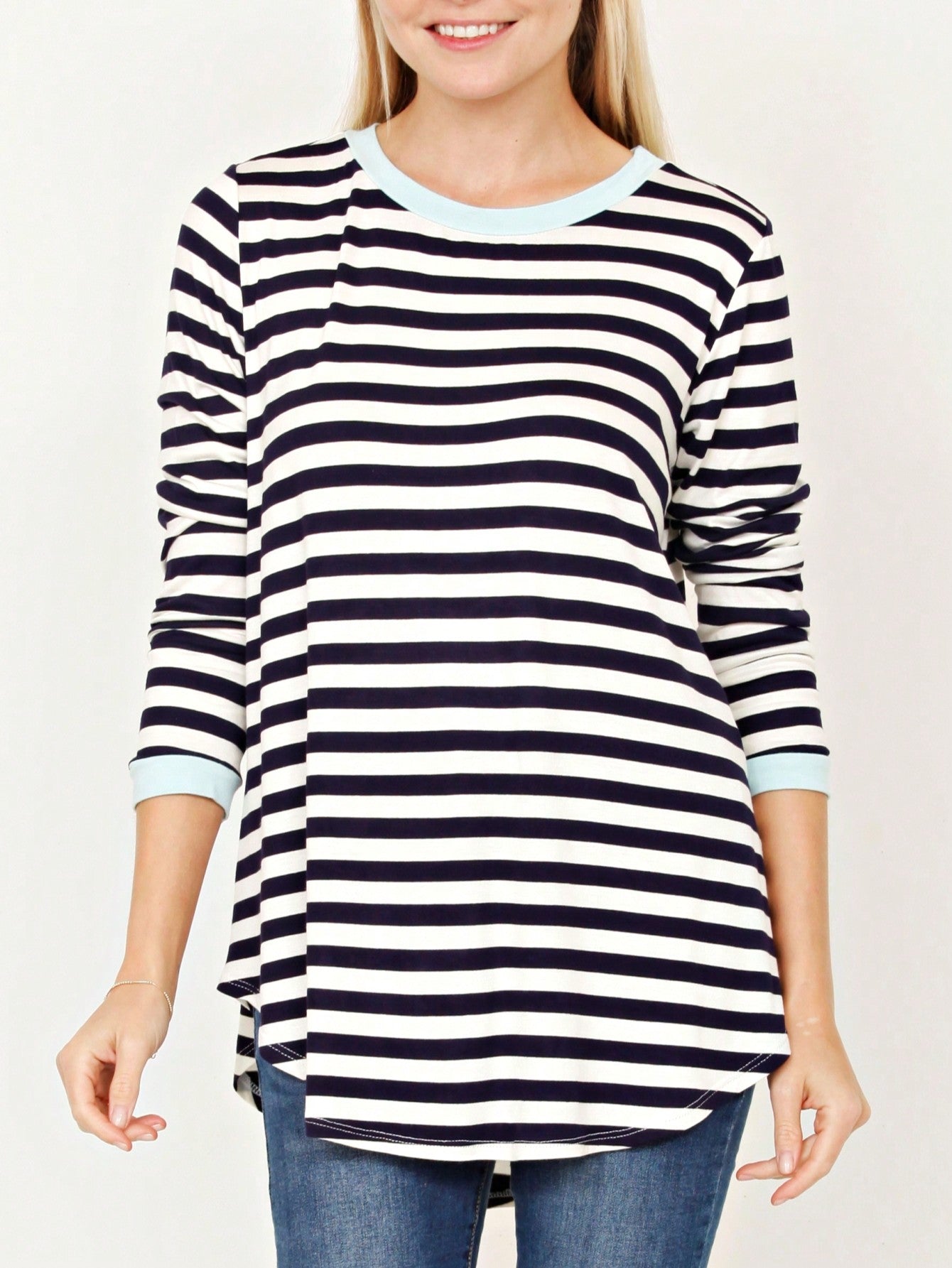 Boho Retro Knot Twisted Front Floral Stripe Knit  Top Blouse Shirt Pullover With Front Pocket