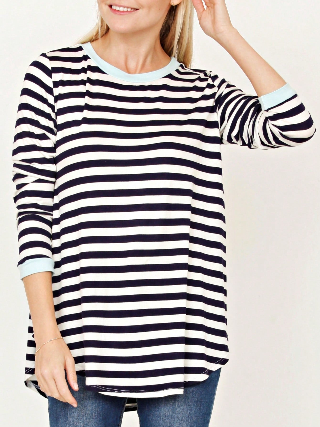 Boho Retro Knot Twisted Front Floral Stripe Knit  Top Blouse Shirt Pullover With Front Pocket
