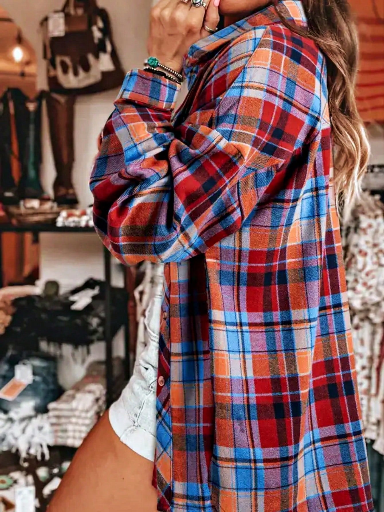 Boho Retro Button Up Vintage 90's Cotton Red Blue Plaid Print Drop Sleeve Loose Shirt Shacket