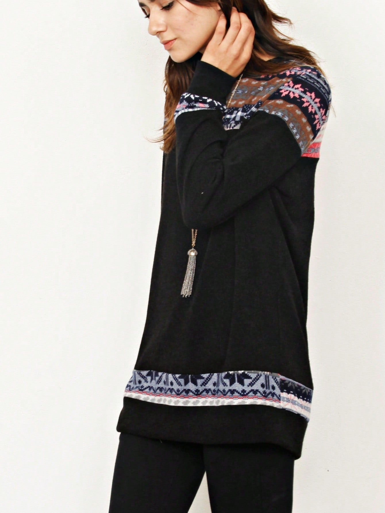 Boho Retro Knit Stripe Raglan Quarter Bishop Balloon Sleeve Stripe Color Fall Top