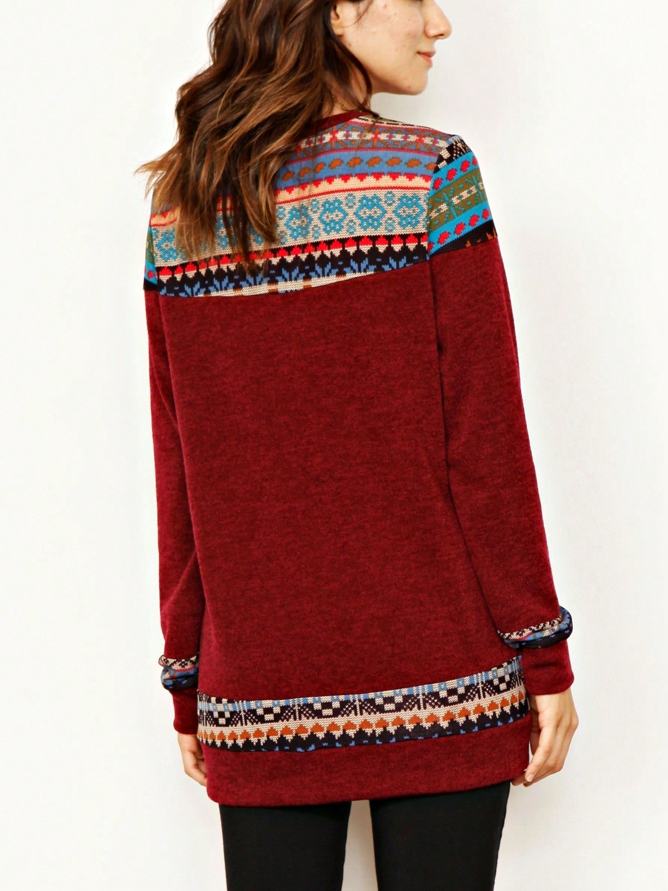 Boho Retro Knit Stripe Raglan Quarter Bishop Balloon Sleeve Stripe Color Fall Top
