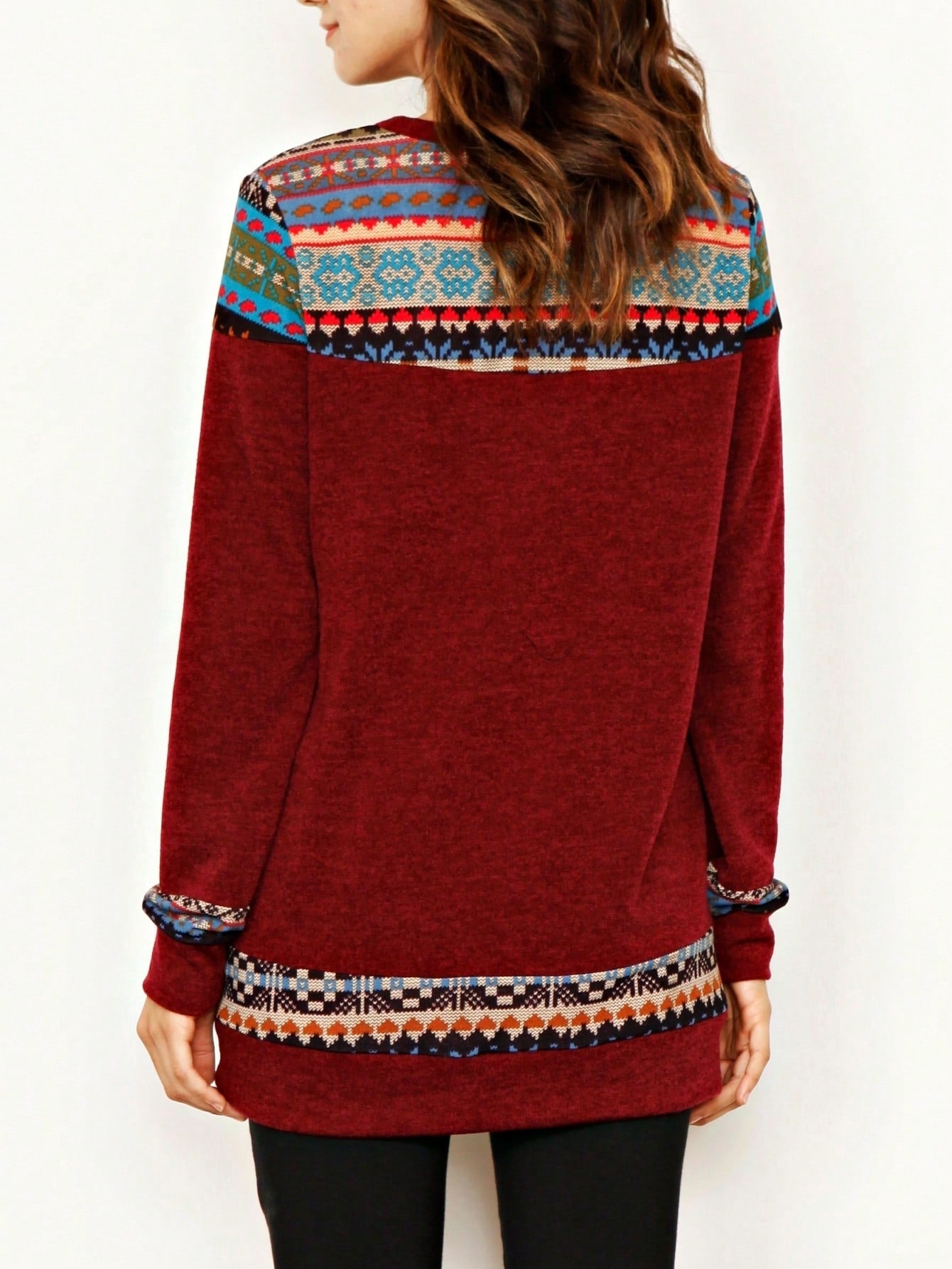 Boho Retro Knit Stripe Raglan Quarter Bishop Balloon Sleeve Stripe Color Fall Top