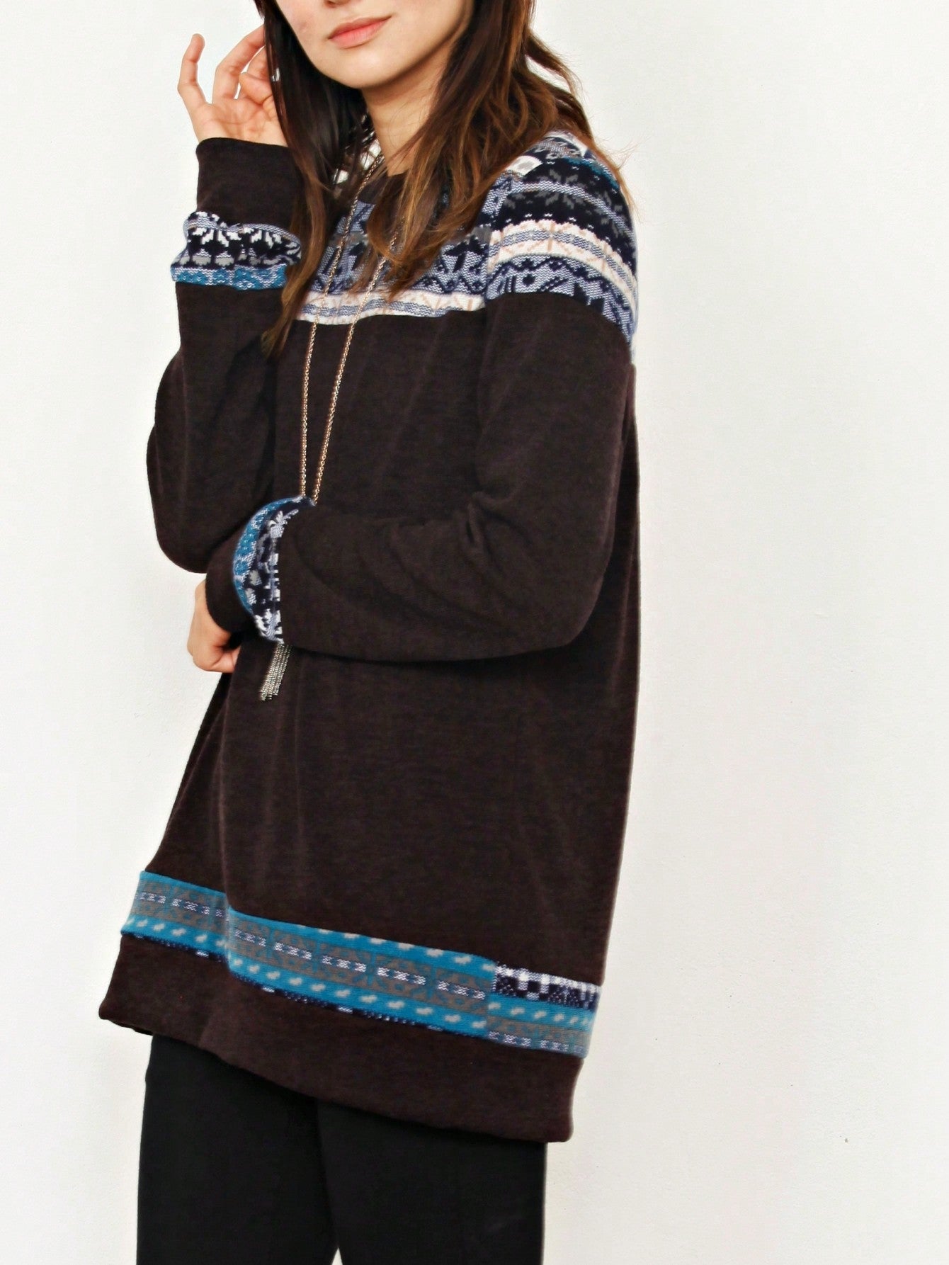 Boho Retro Knit Stripe Raglan Quarter Bishop Balloon Sleeve Stripe Color Fall Top
