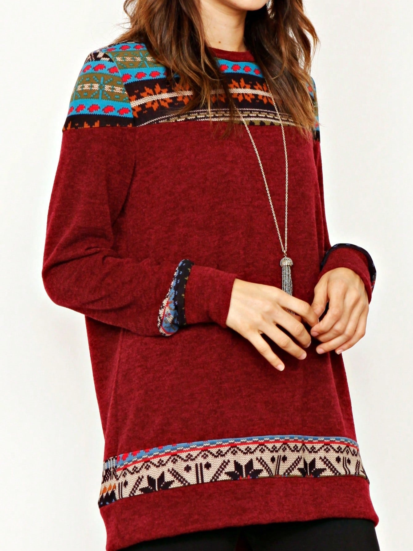 Boho Retro Knit Stripe Raglan Quarter Bishop Balloon Sleeve Stripe Color Fall Top