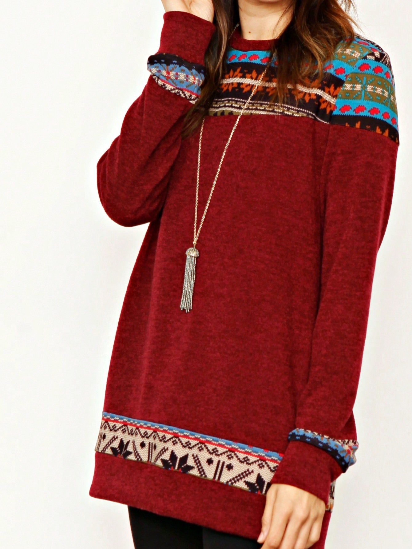 Boho Retro Knit Stripe Raglan Quarter Bishop Balloon Sleeve Stripe Color Fall Top