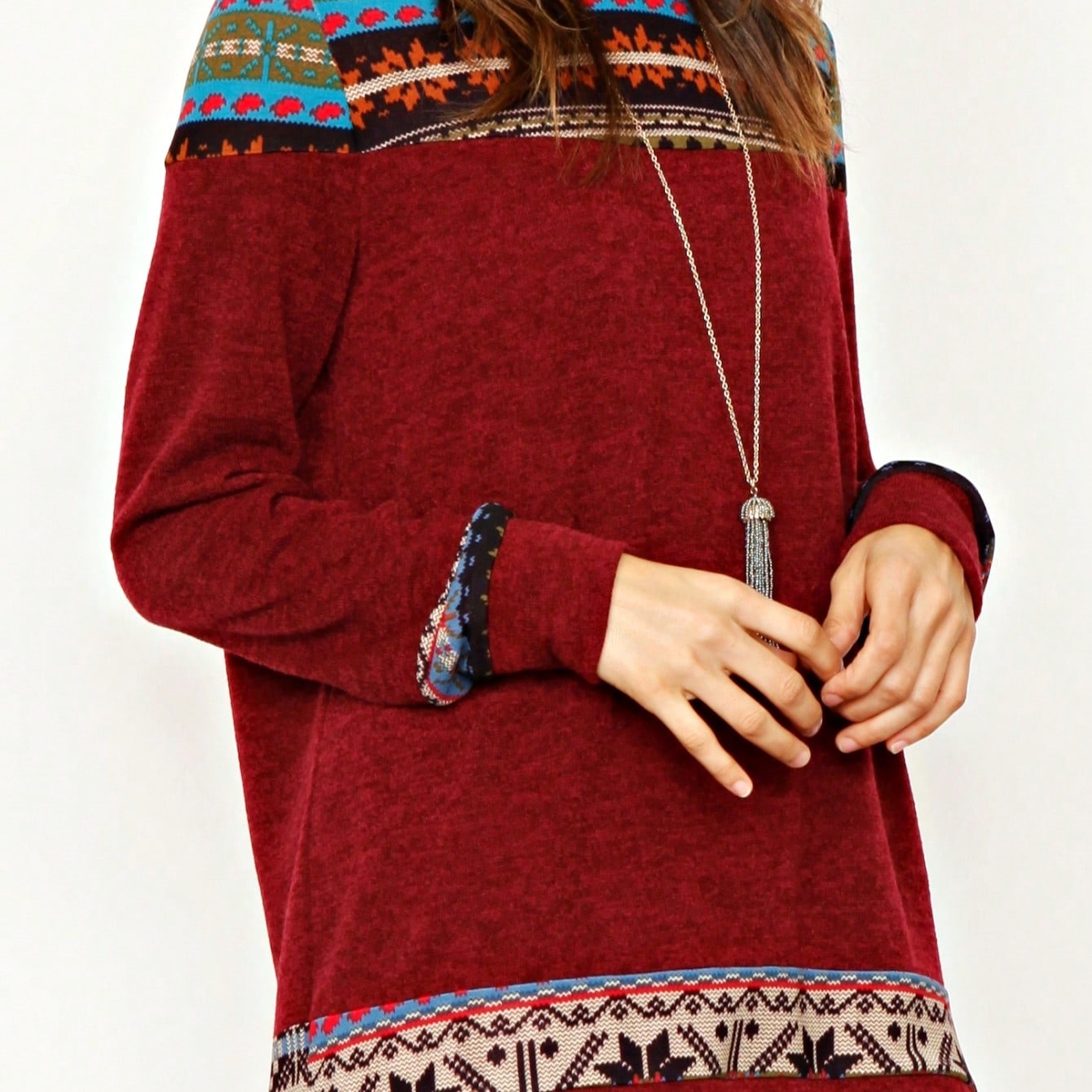 Boho Retro Knit Stripe Raglan Quarter Bishop Balloon Sleeve Stripe Color Fall Top