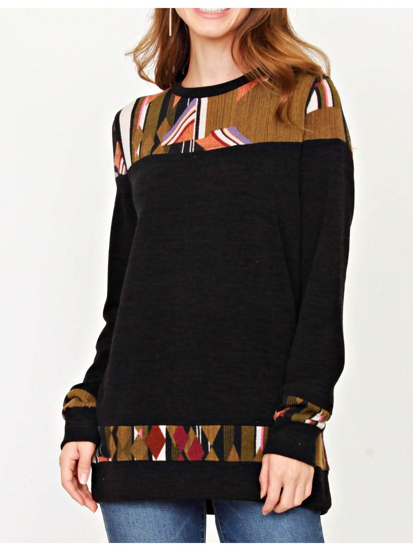 Boho Retro Knit Stripe Raglan Quarter Bishop Balloon Sleeve Stripe Color Fall Top