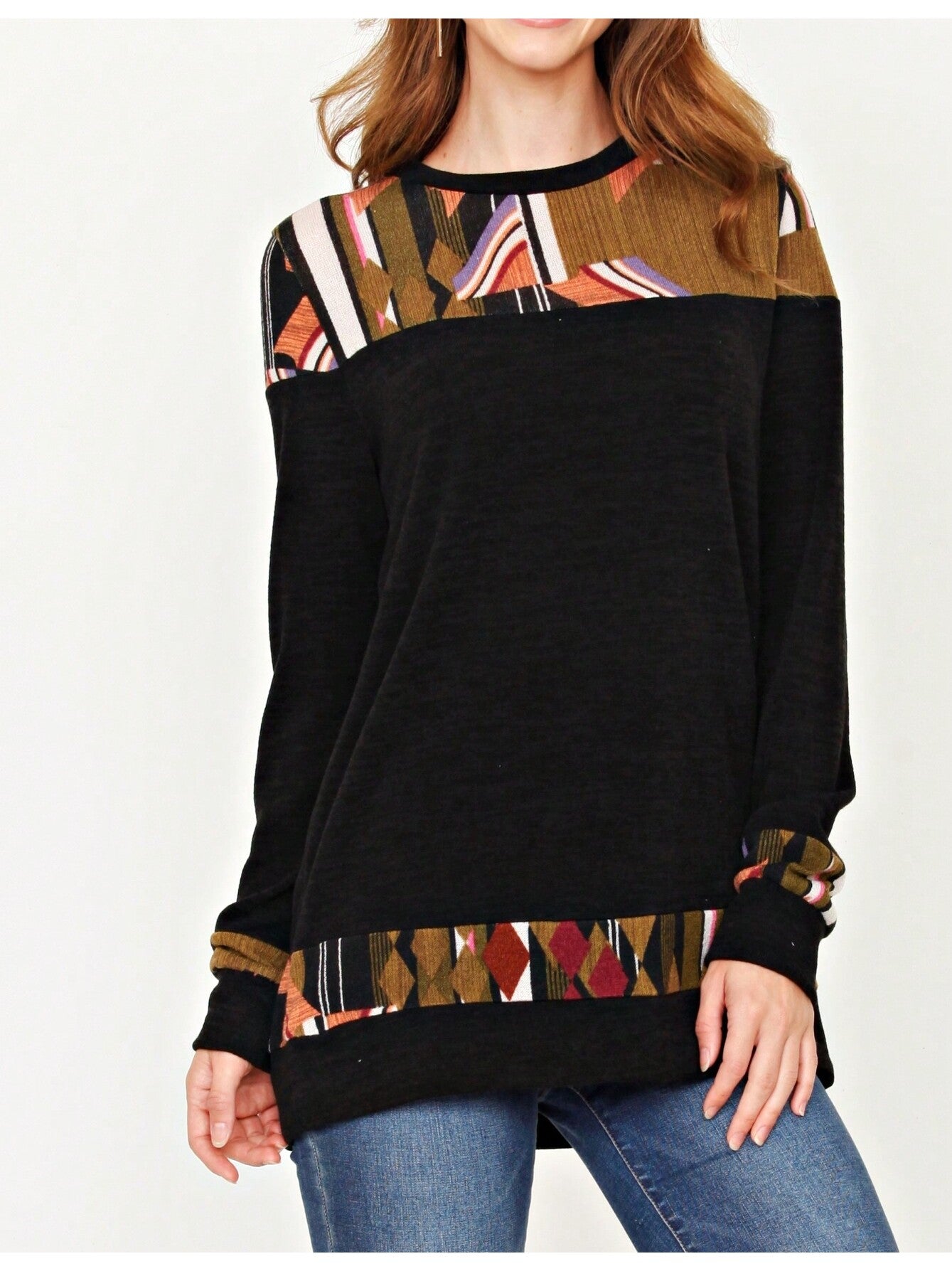 Boho Retro Knit Stripe Raglan Quarter Bishop Balloon Sleeve Stripe Color Fall Top