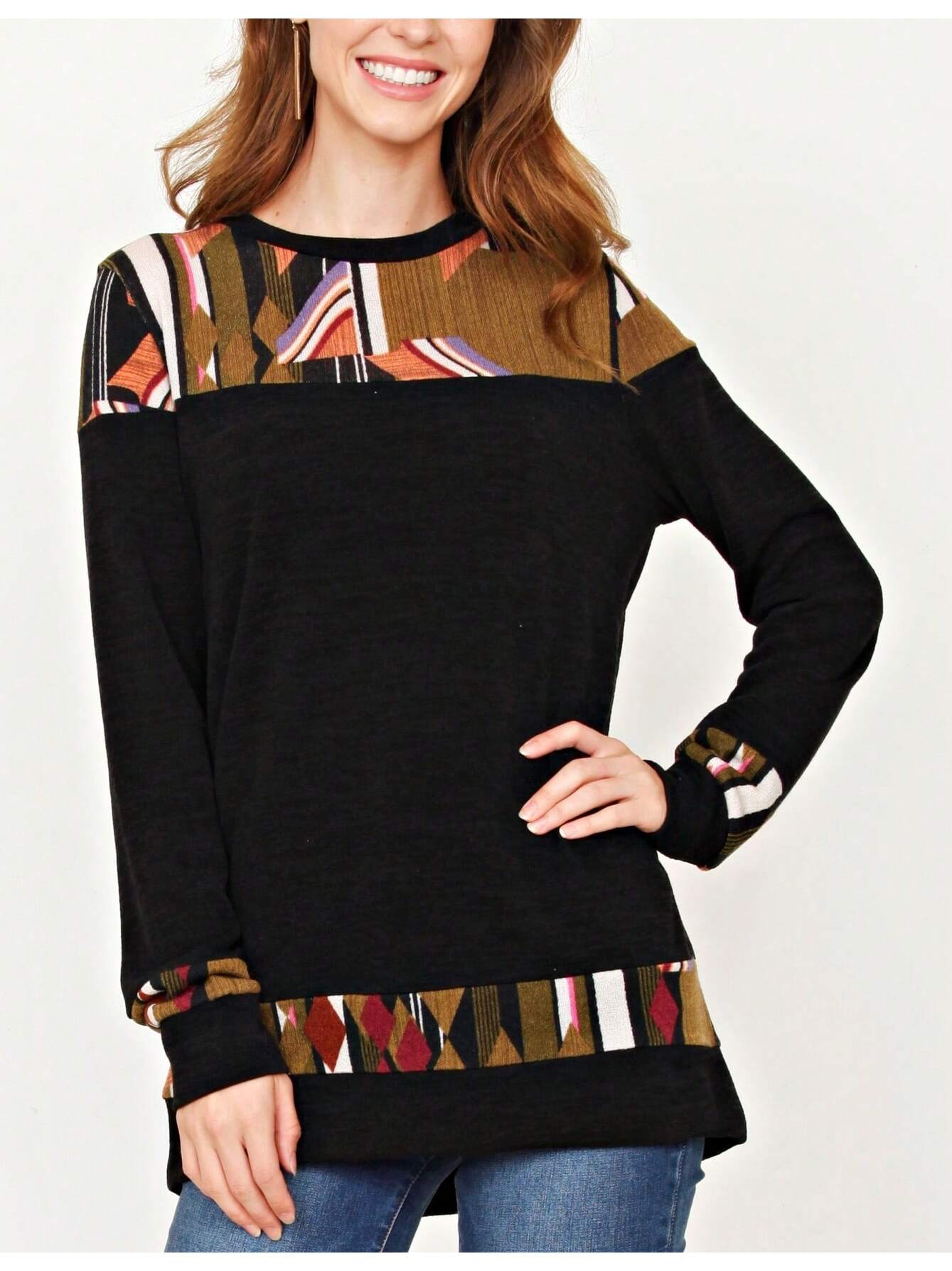 Boho Retro Knit Stripe Raglan Quarter Bishop Balloon Sleeve Stripe Color Fall Top