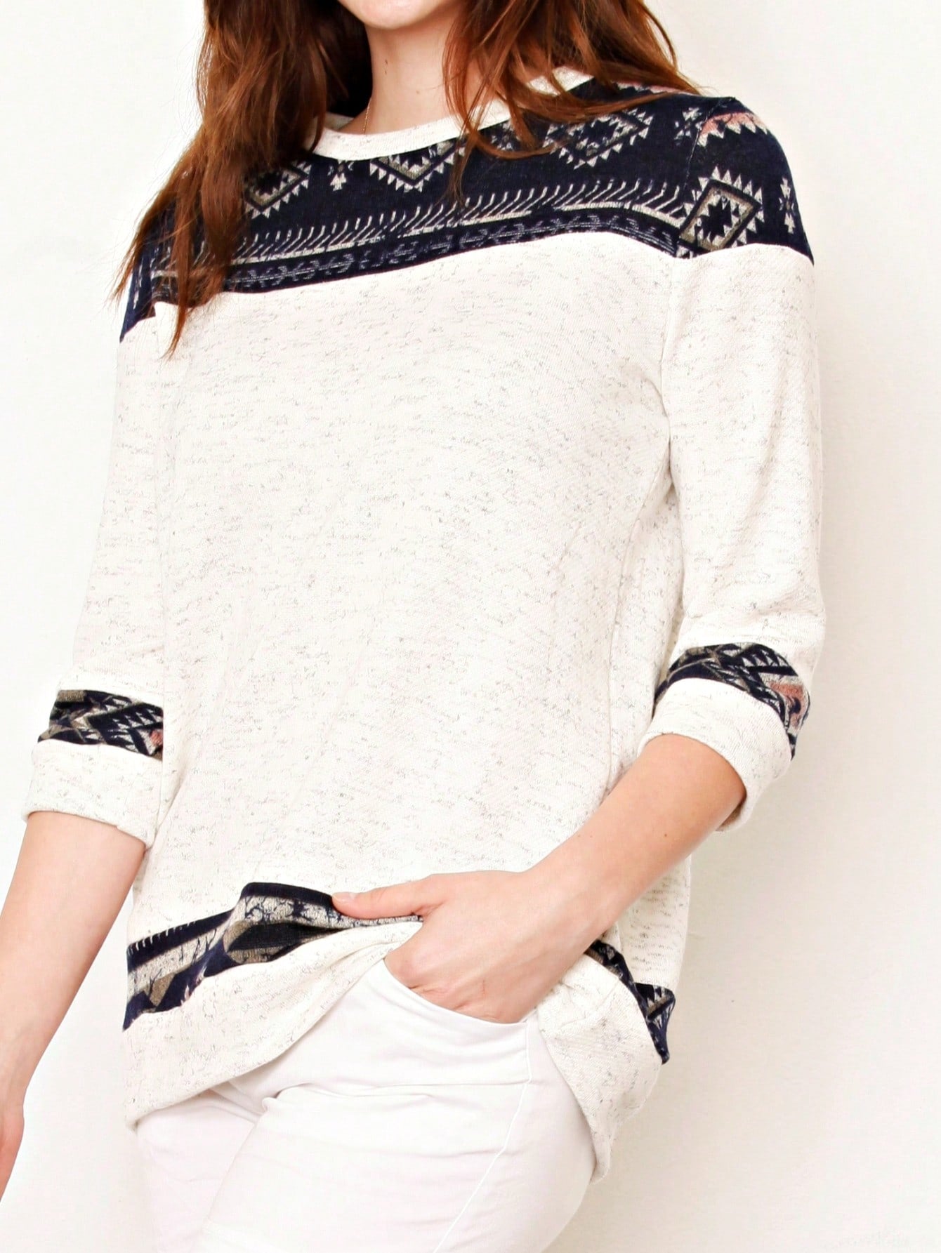 Boho Retro Knit Stripe Raglan Quarter Bishop Balloon Sleeve Stripe Color Fall Top