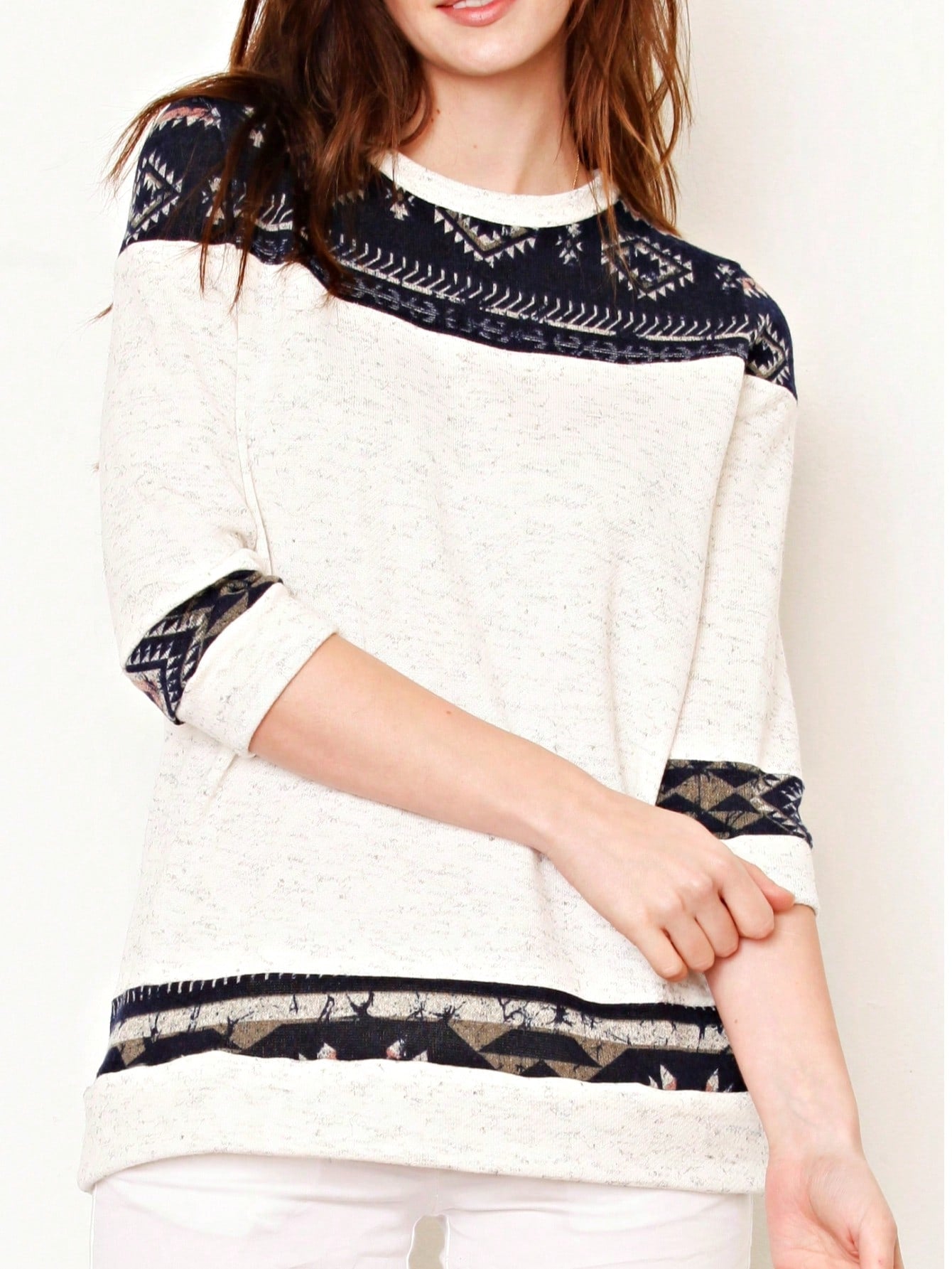 Boho Retro Knit Stripe Raglan Quarter Bishop Balloon Sleeve Stripe Color Fall Top