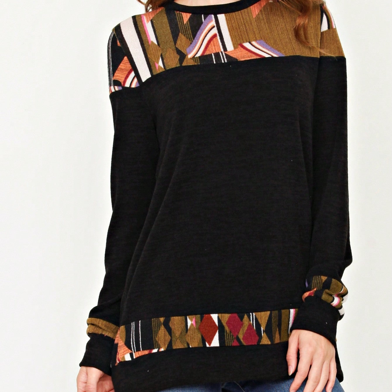 Boho Retro Knit Stripe Raglan Quarter Bishop Balloon Sleeve Stripe Color Fall Top