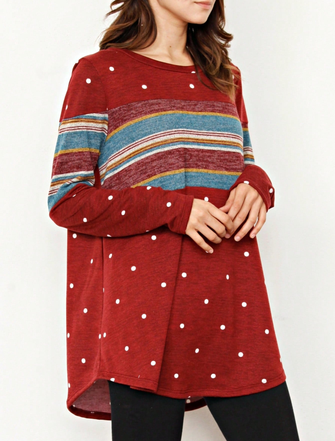 Boho Retro Knit Stripe Raglan Quarter Bishop Balloon Sleeve Stripe Color Fall Top