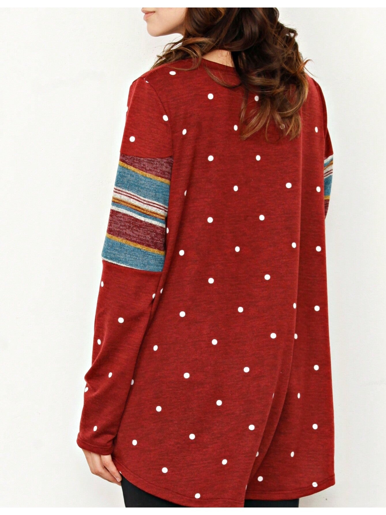 Boho Retro Knit Stripe Raglan Quarter Bishop Balloon Sleeve Stripe Color Fall Top