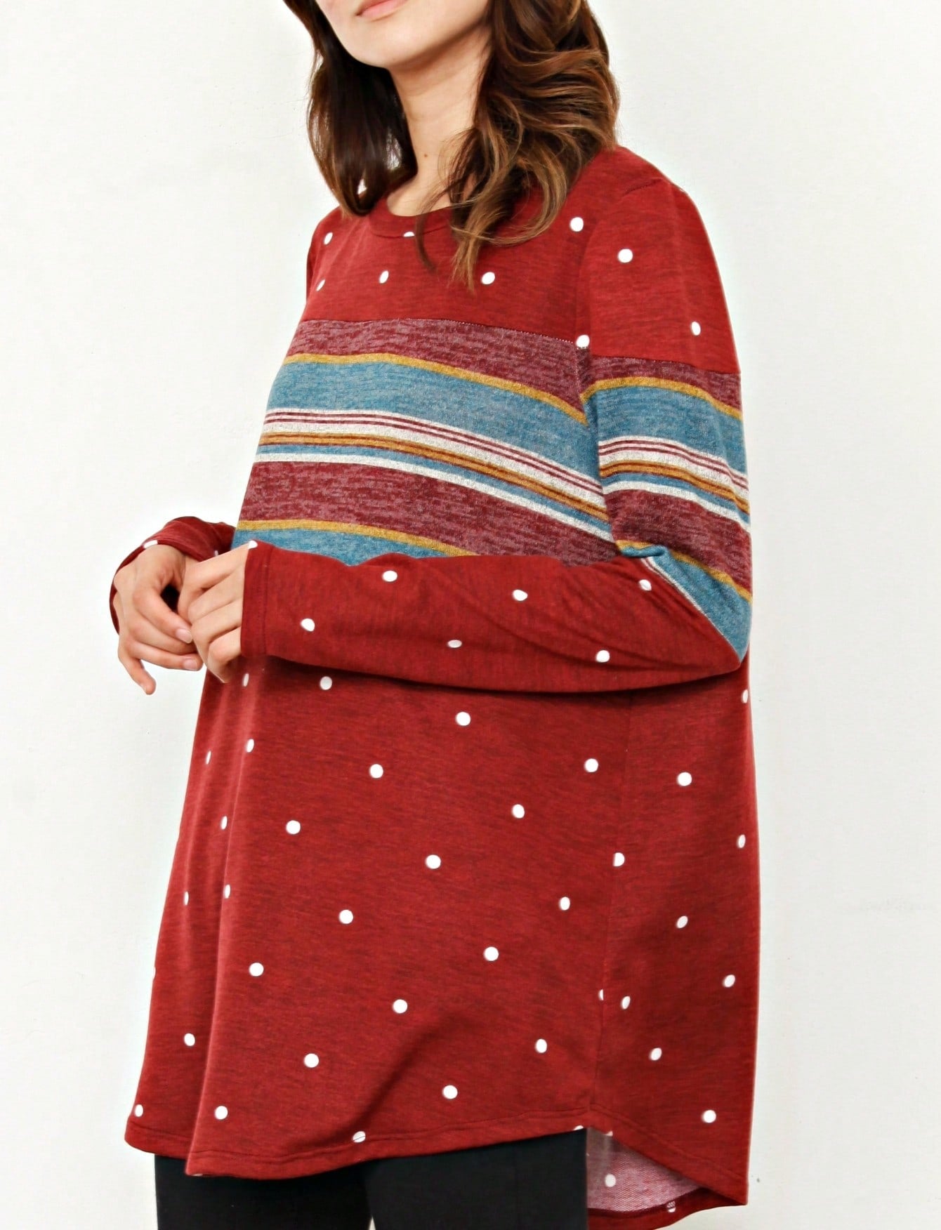 Boho Retro Knit Stripe Raglan Quarter Bishop Balloon Sleeve Stripe Color Fall Top