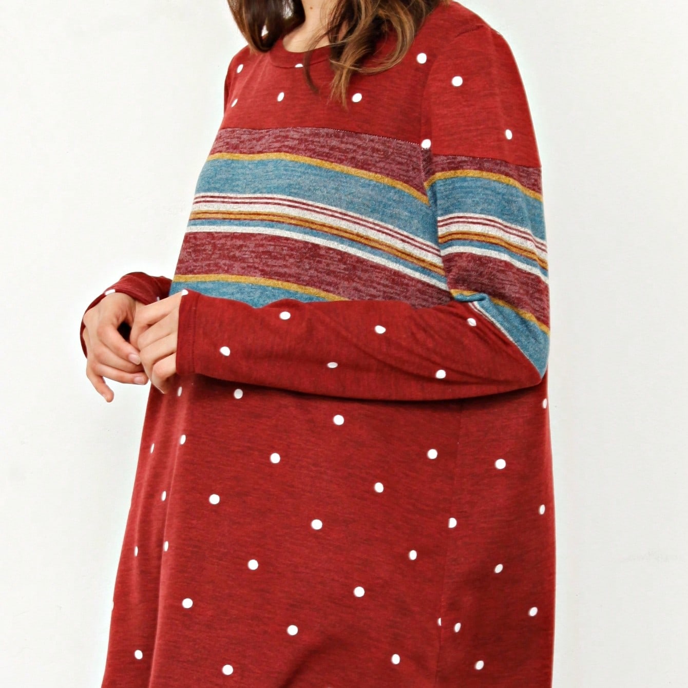 Boho Retro Knit Stripe Raglan Quarter Bishop Balloon Sleeve Stripe Color Fall Top