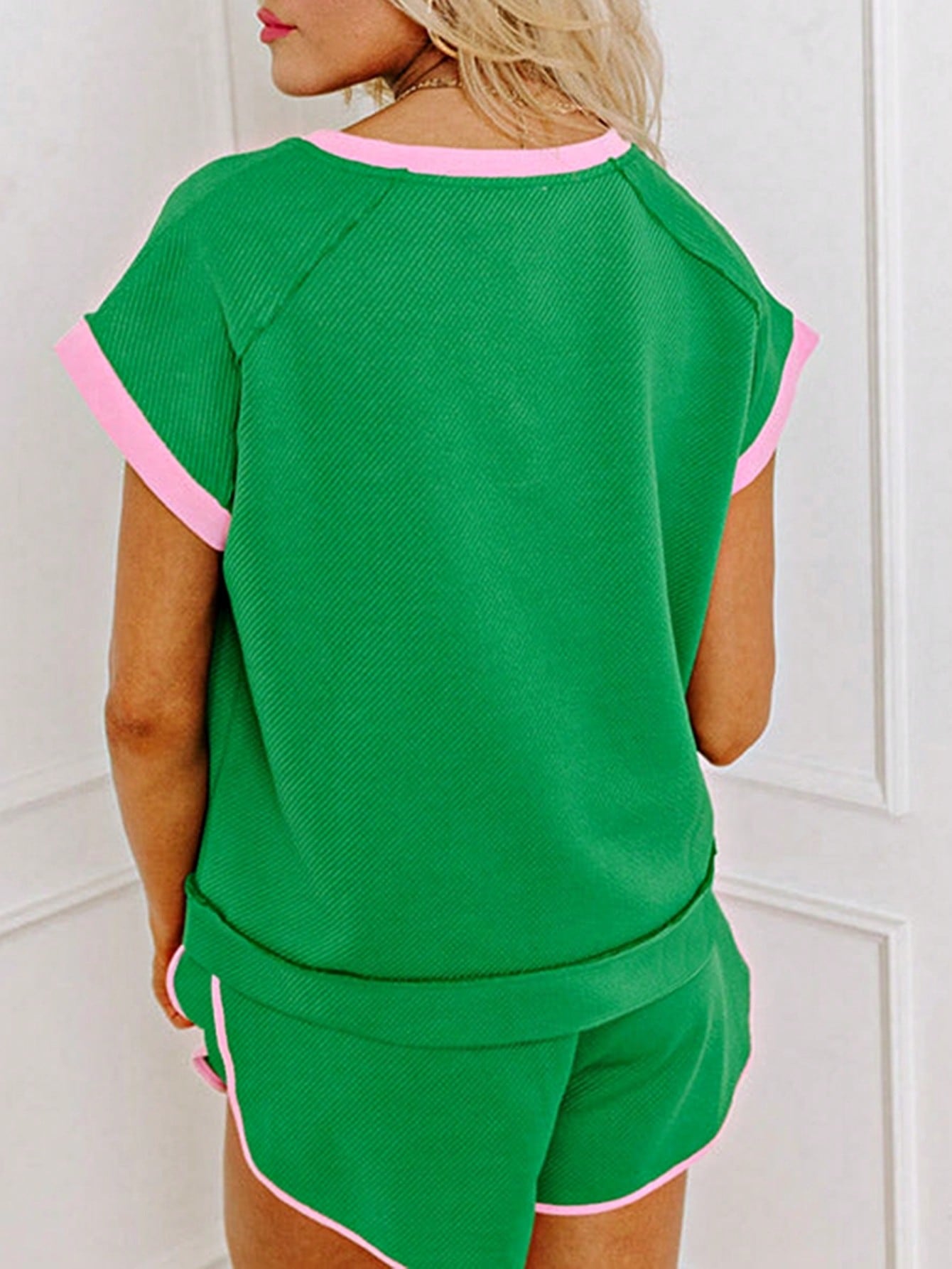 Boho Retro 90's Cotton Stripe Button Drop Shoulder Dolman Henley Top & Pants Shorts Set