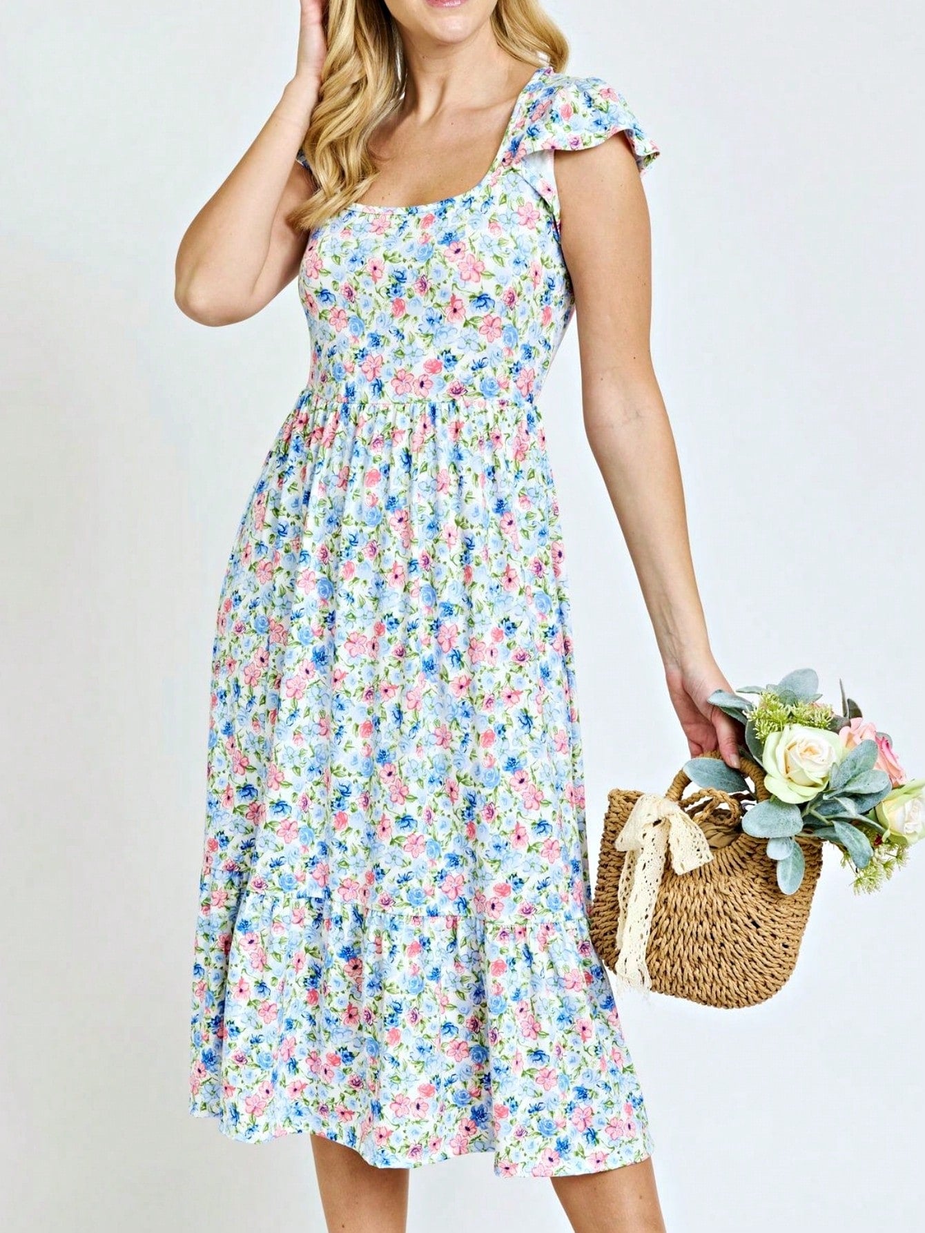 Boho Retro Ditsy Floral Flutter Puff Sleeve Square Neck Tiered Ruffle Tea Midi Length Classic Bridgerton Dress