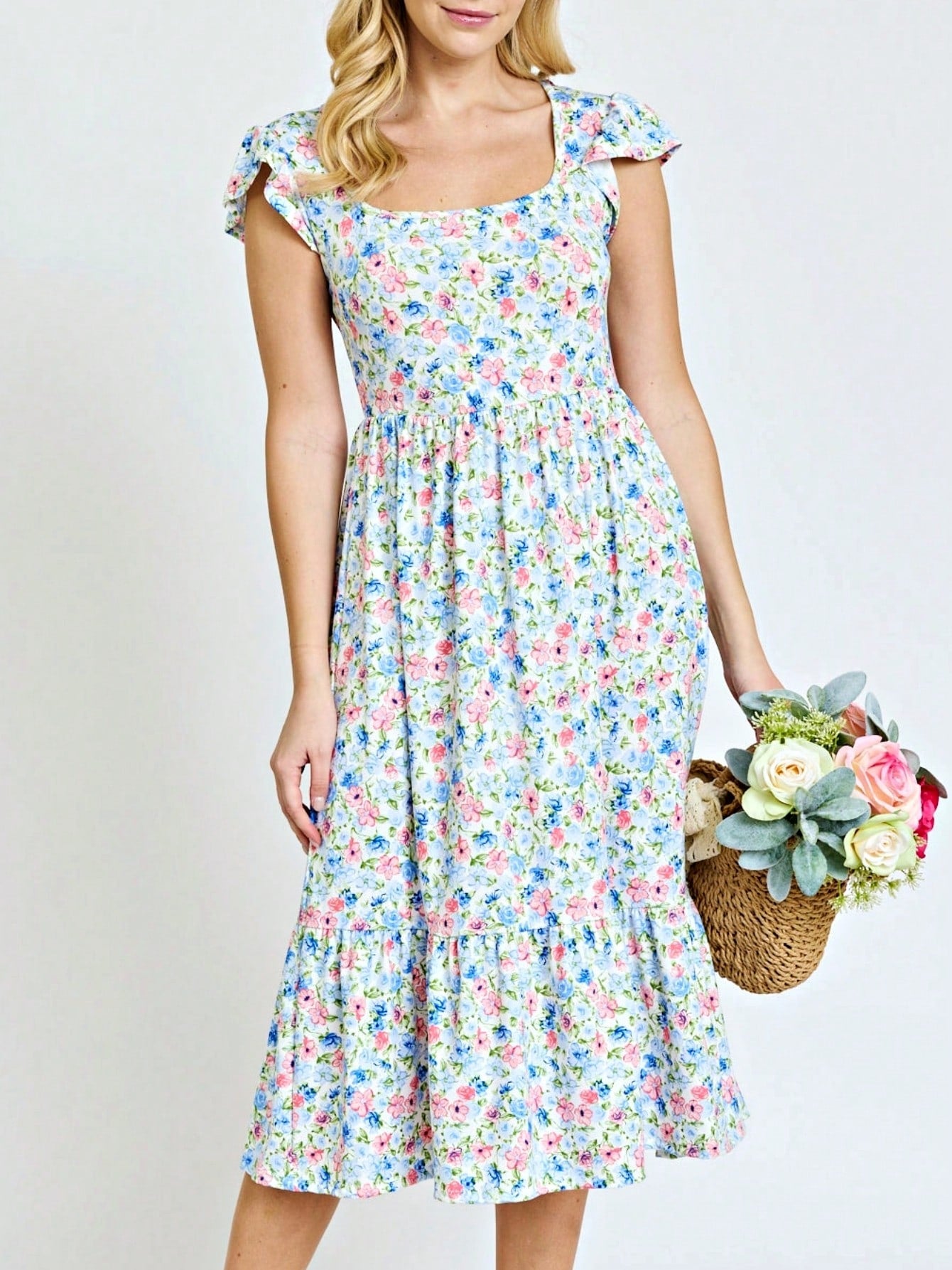 Boho Retro Ditsy Floral Flutter Puff Sleeve Square Neck Tiered Ruffle Tea Midi Length Classic Bridgerton Dress