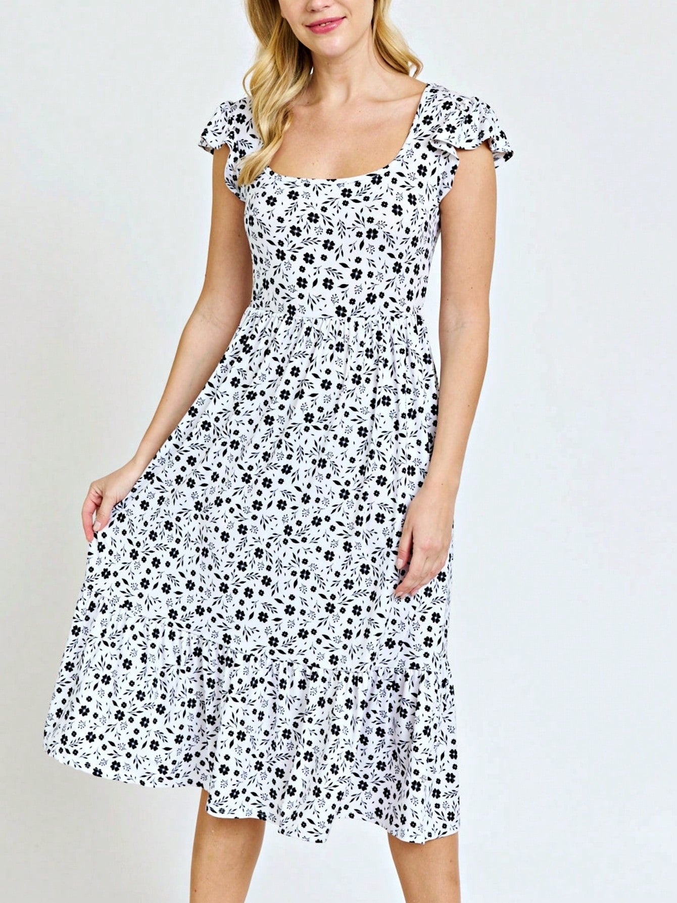 Boho Retro Ditsy Floral Flutter Puff Sleeve Square Neck Tiered Ruffle Tea Midi Length Classic Bridgerton Dress