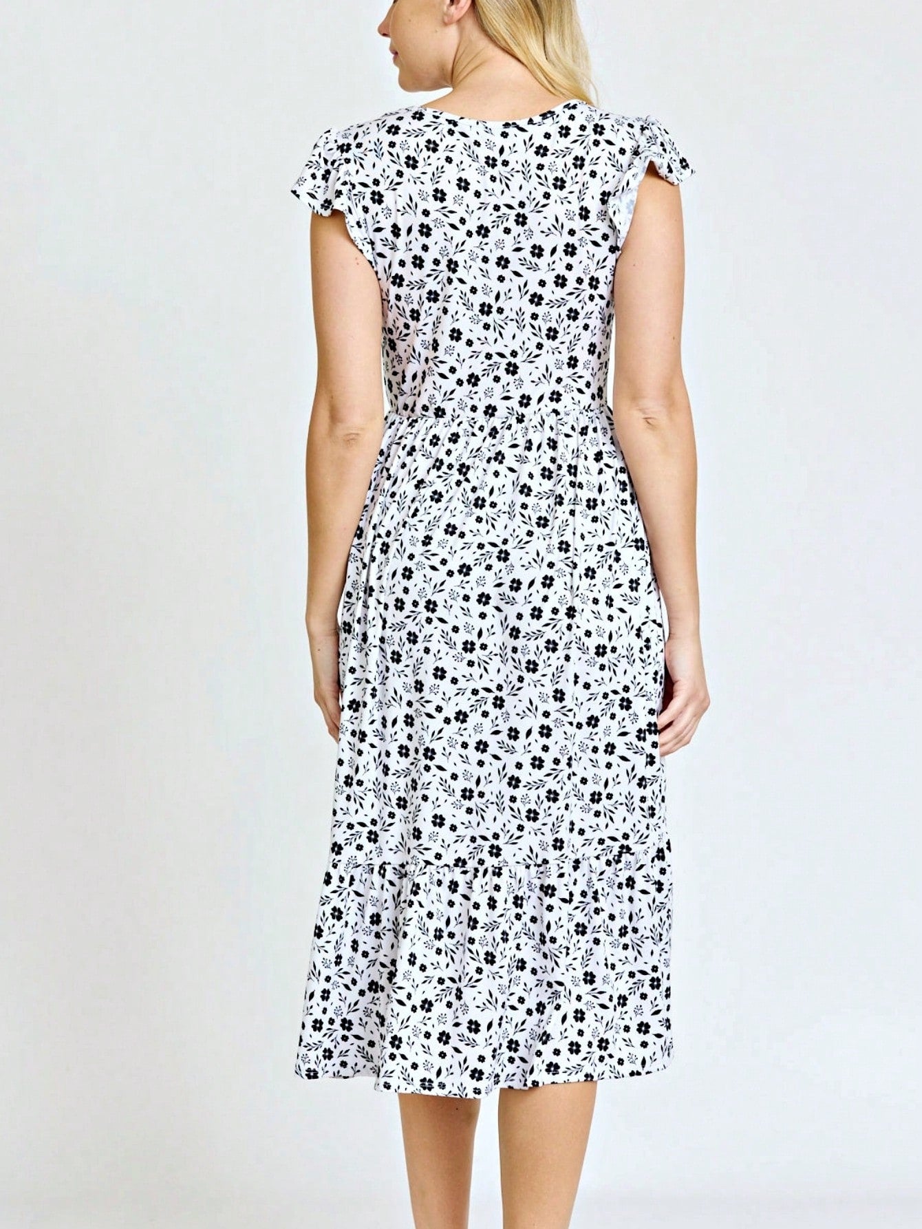 Boho Retro Ditsy Floral Flutter Puff Sleeve Square Neck Tiered Ruffle Tea Midi Length Classic Bridgerton Dress