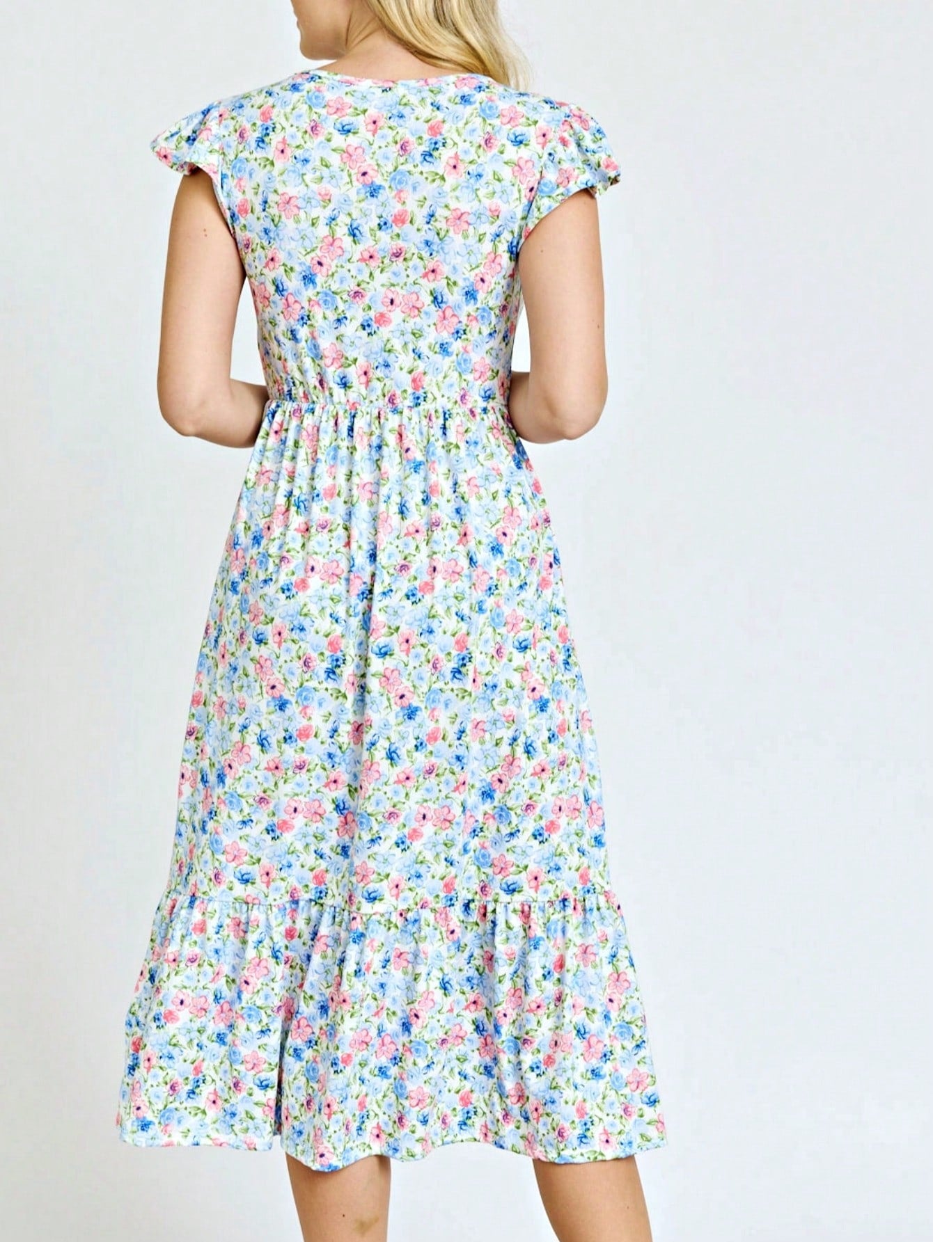 Boho Retro Ditsy Floral Flutter Puff Sleeve Square Neck Tiered Ruffle Tea Midi Length Classic Bridgerton Dress