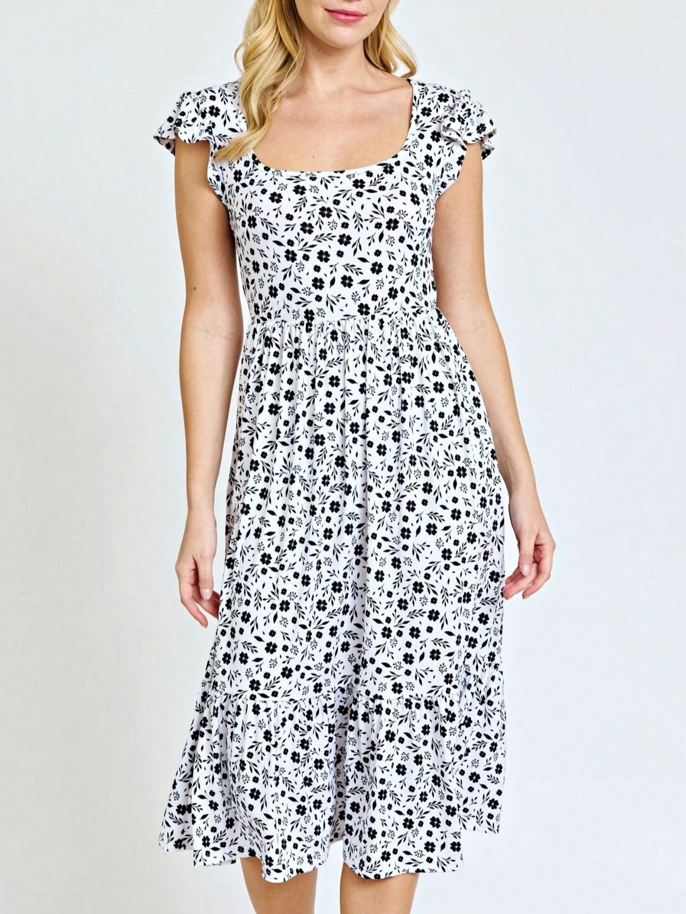 Boho Retro Ditsy Floral Flutter Puff Sleeve Square Neck Tiered Ruffle Tea Midi Length Classic Bridgerton Dress