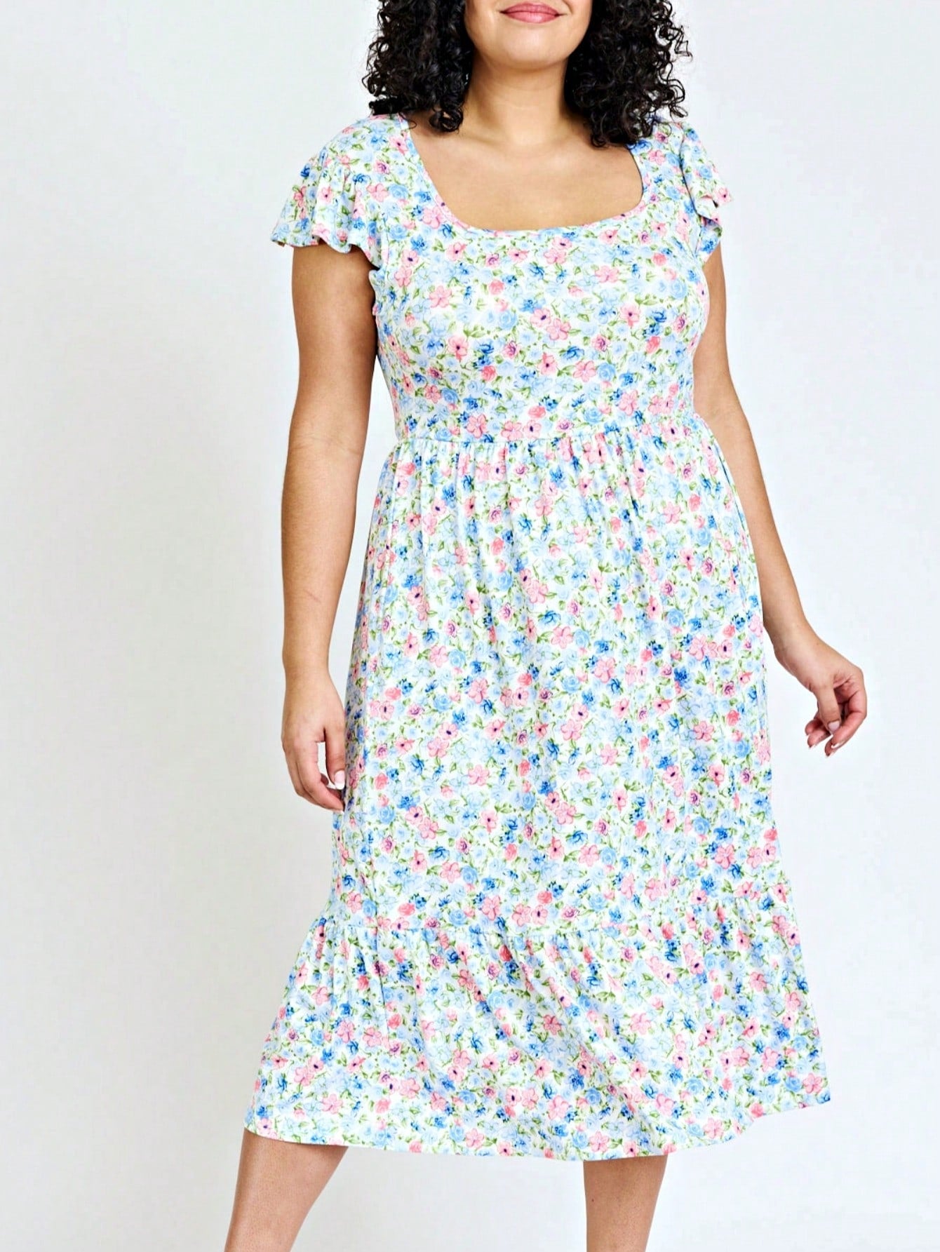 Boho Retro Ditsy Floral Flutter Puff Sleeve Square Neck Tiered Ruffle Tea Midi Length Classic Bridgerton Dress