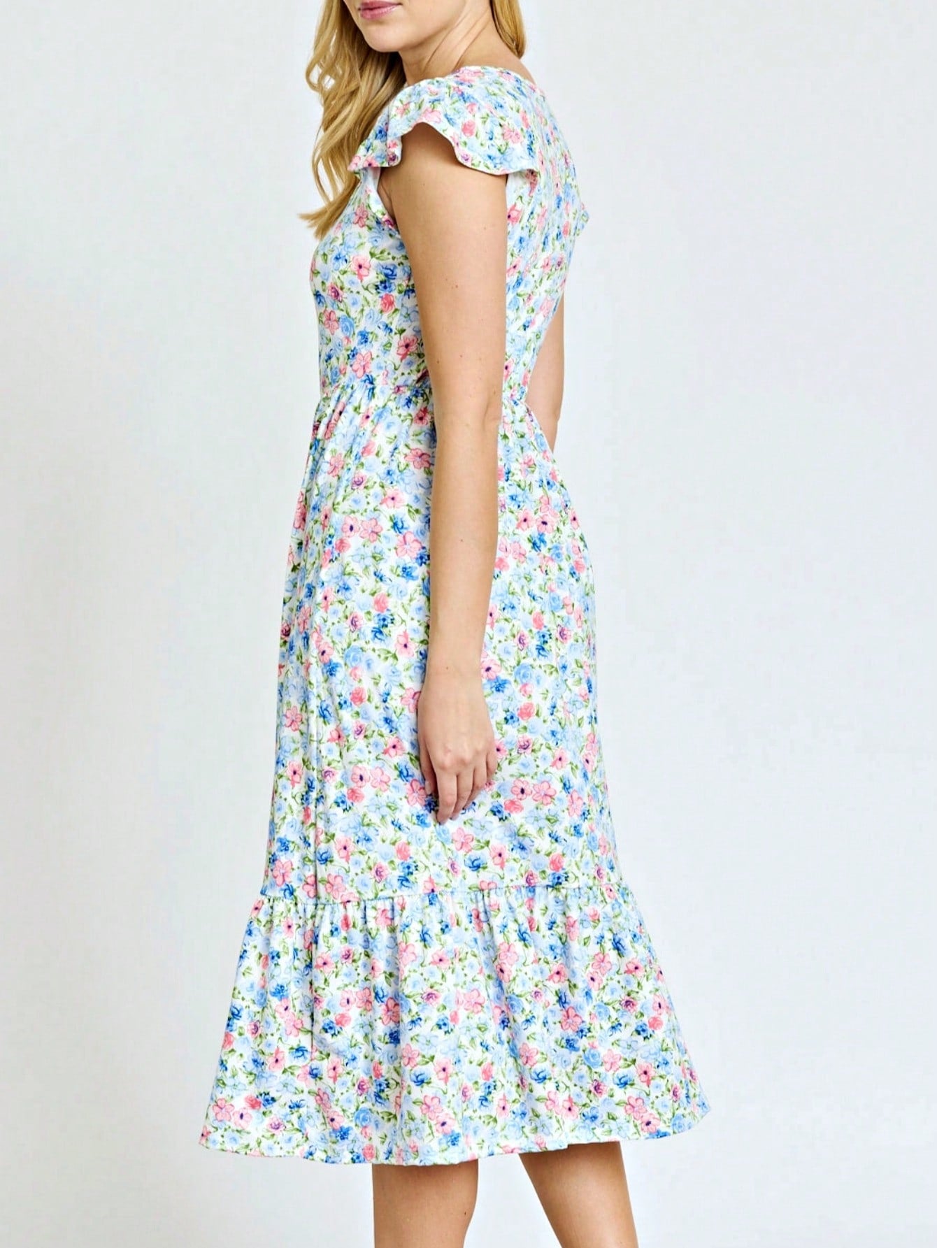 Boho Retro Ditsy Floral Flutter Puff Sleeve Square Neck Tiered Ruffle Tea Midi Length Classic Bridgerton Dress