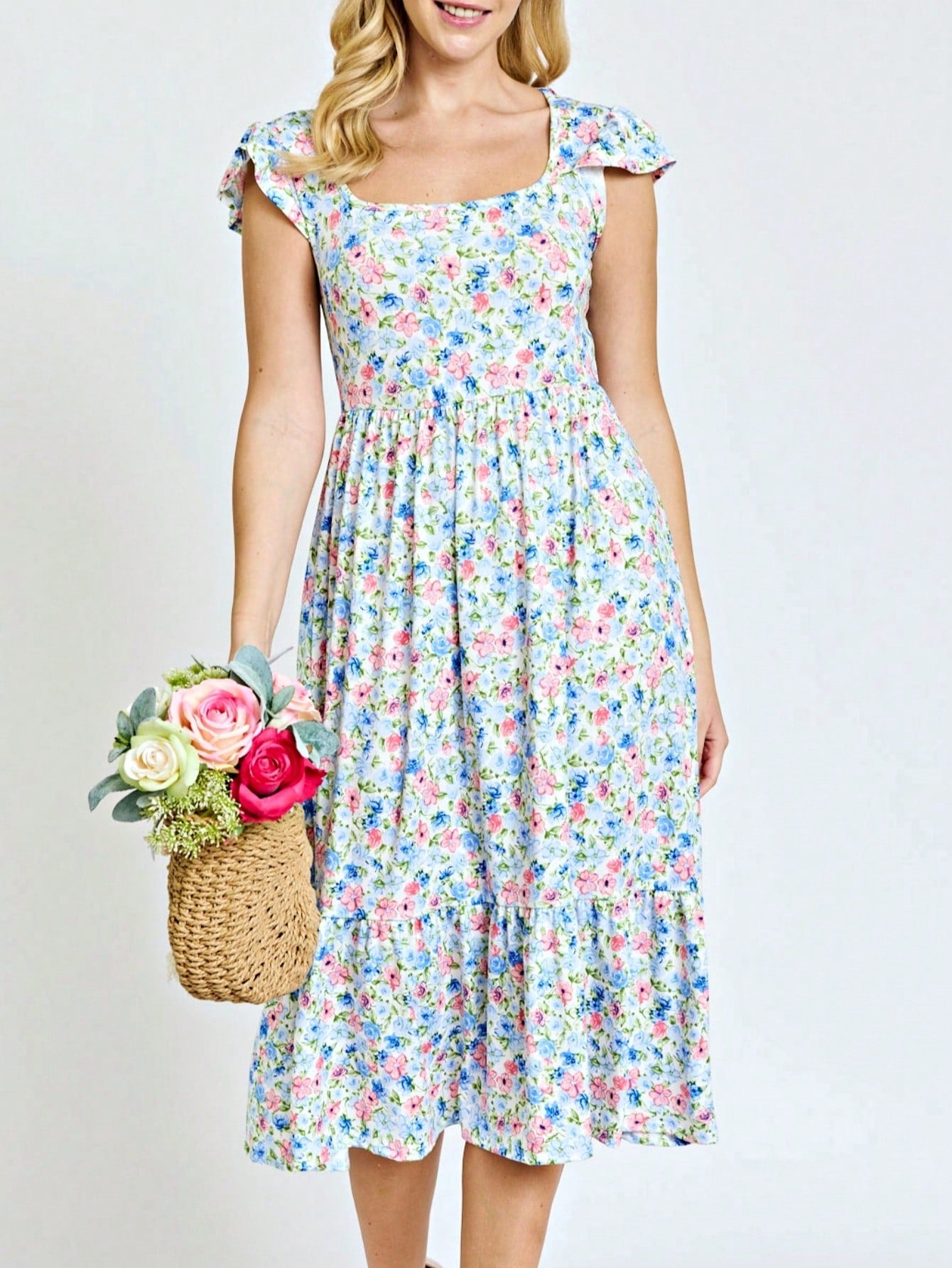 Boho Retro Ditsy Floral Flutter Puff Sleeve Square Neck Tiered Ruffle Tea Midi Length Classic Bridgerton Dress