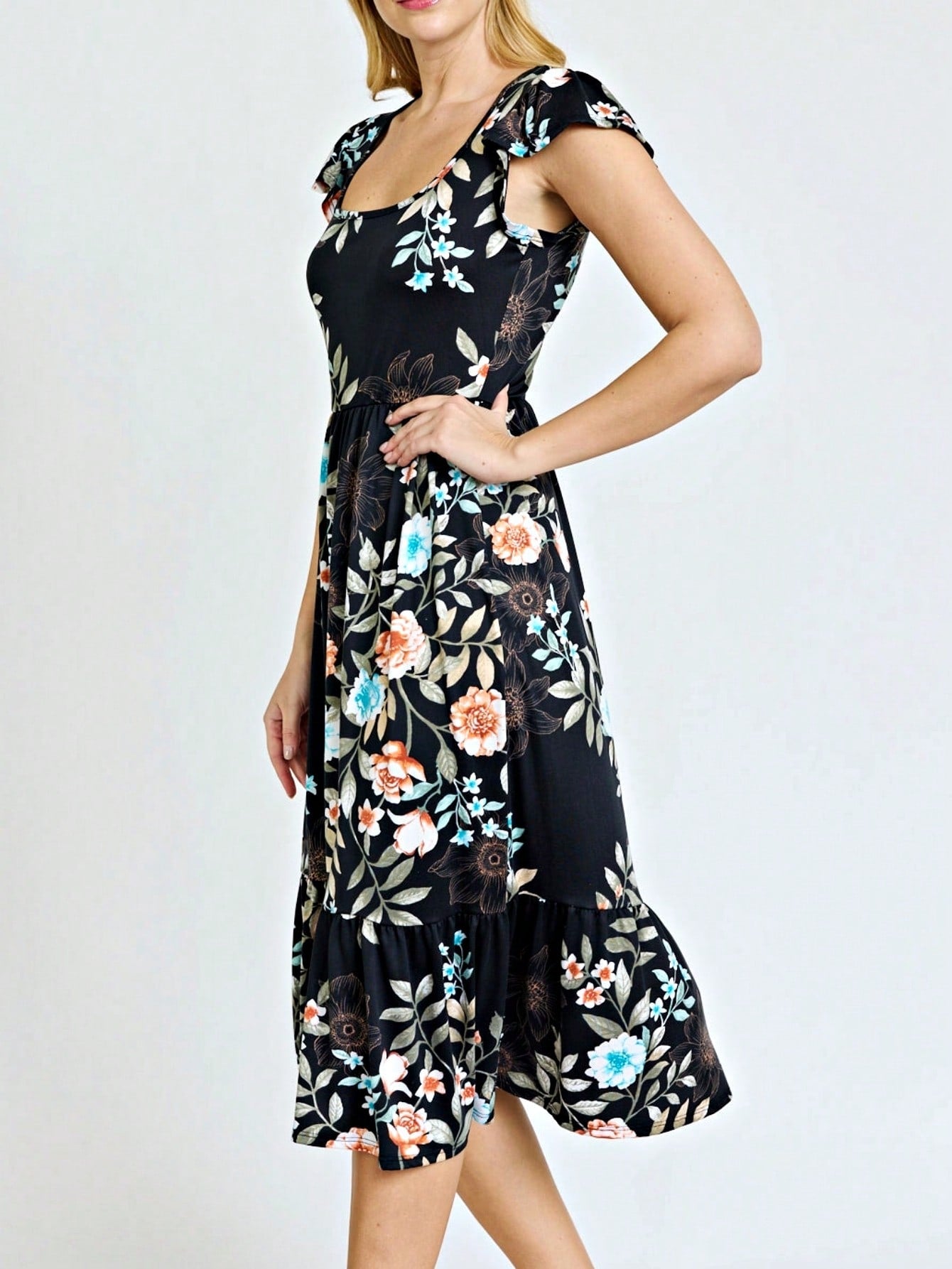 Boho Retro Ditsy Floral Flutter Puff Sleeve Square Neck Tiered Ruffle Tea Midi Length Classic Bridgerton Dress