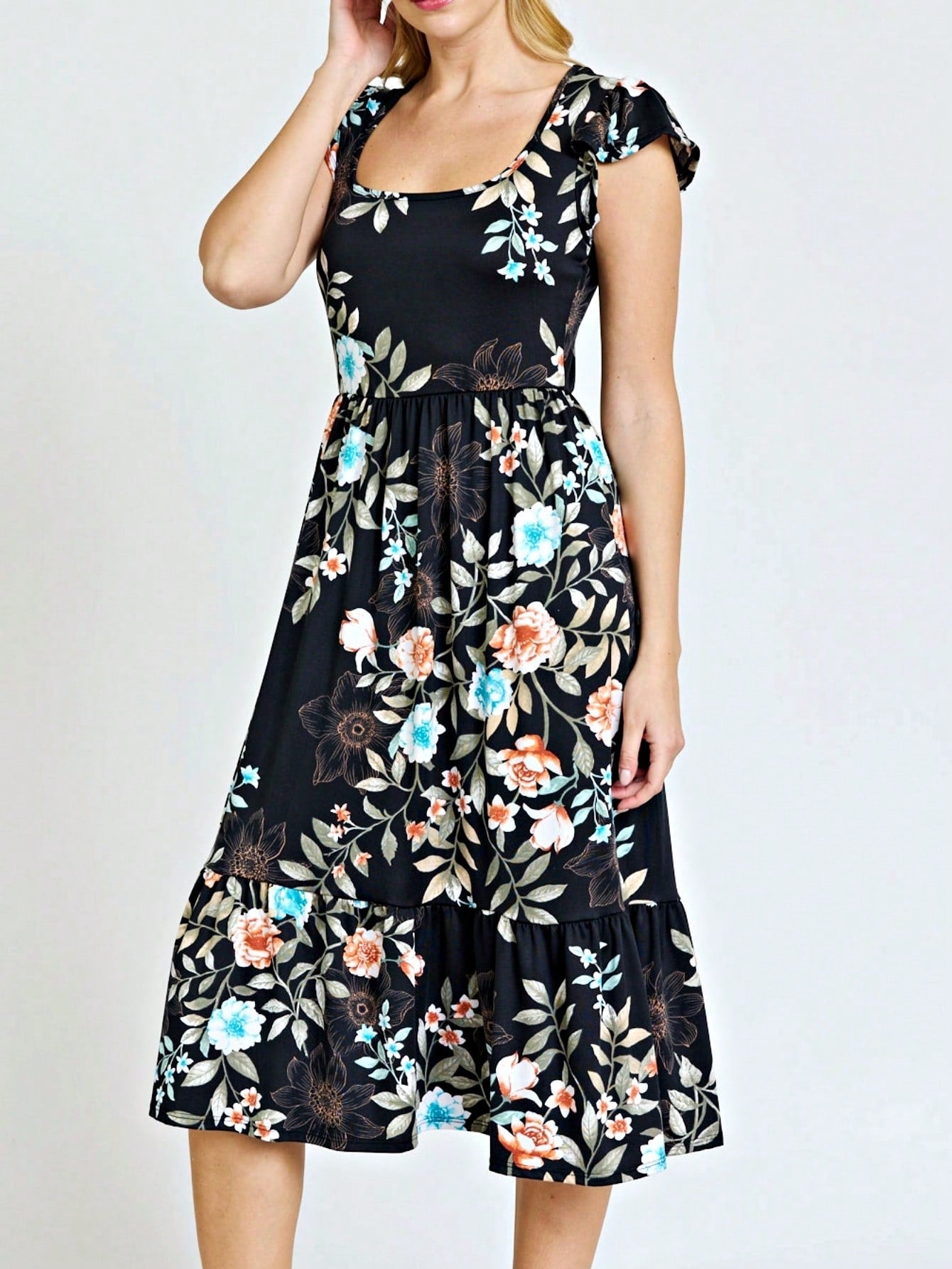 Boho Retro Ditsy Floral Flutter Puff Sleeve Square Neck Tiered Ruffle Tea Midi Length Classic Bridgerton Dress