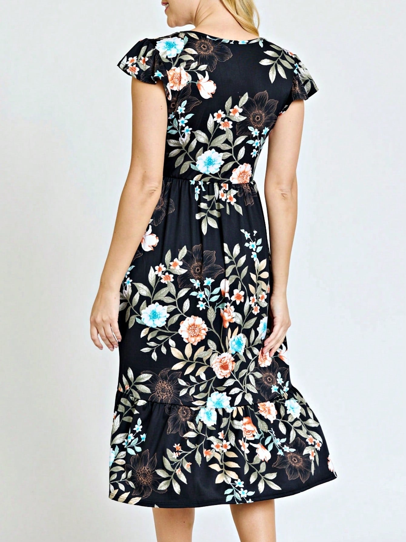 Boho Retro Ditsy Floral Flutter Puff Sleeve Square Neck Tiered Ruffle Tea Midi Length Classic Bridgerton Dress
