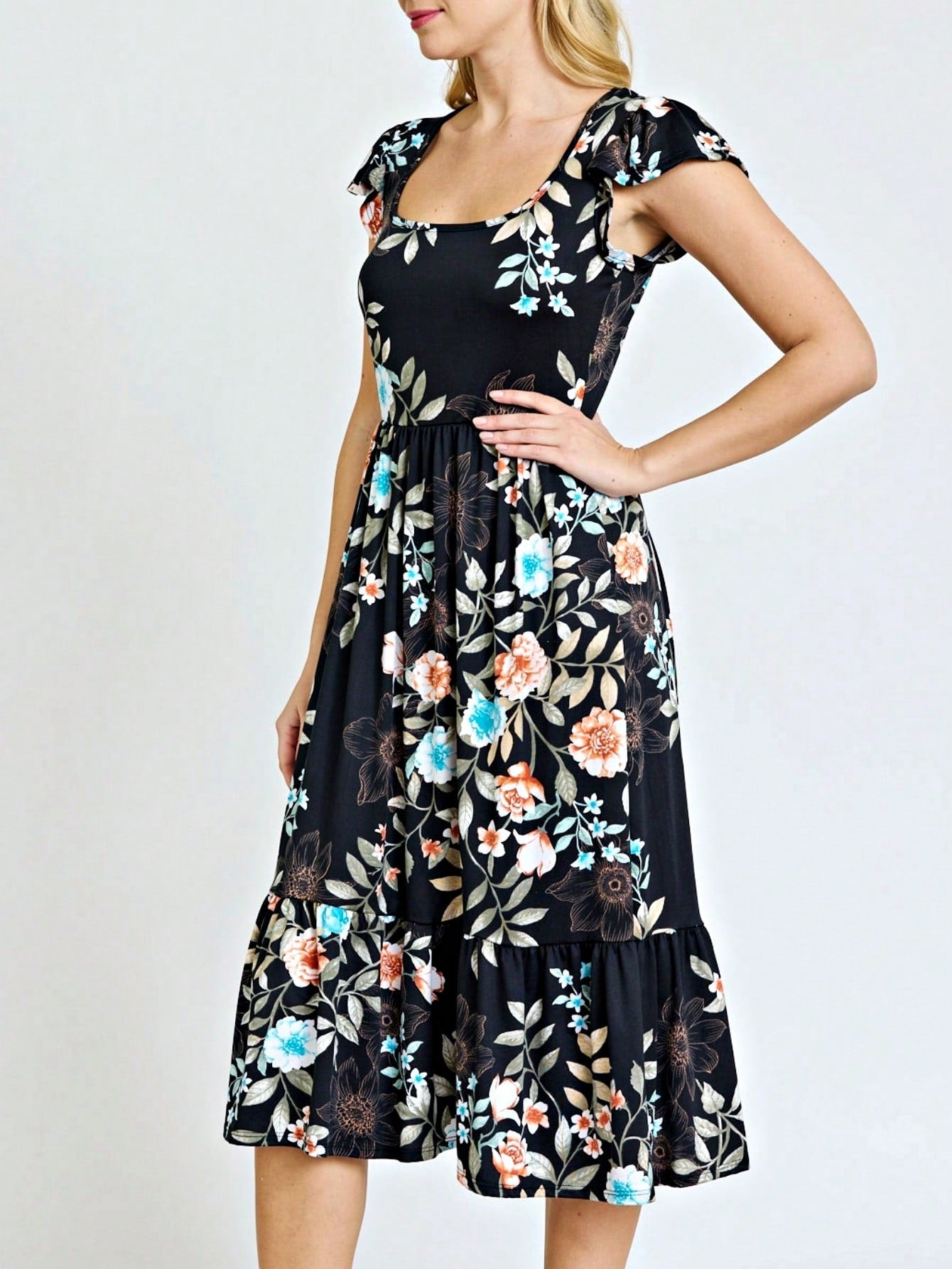 Boho Retro Ditsy Floral Flutter Puff Sleeve Square Neck Tiered Ruffle Tea Midi Length Classic Bridgerton Dress