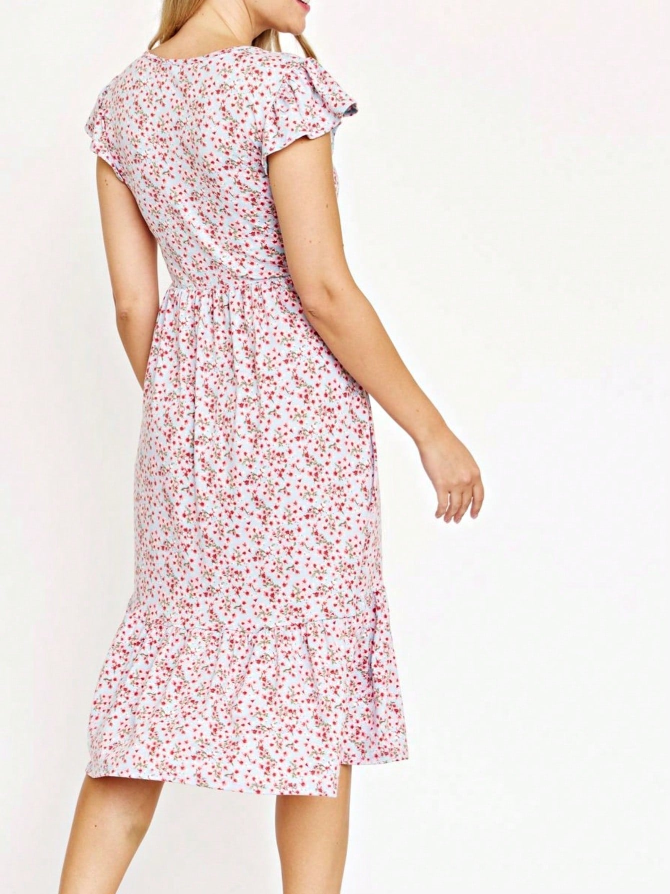 Boho Retro Ditsy Floral Flutter Puff Sleeve Square Neck Tiered Ruffle Tea Midi Length Classic Bridgerton Dress