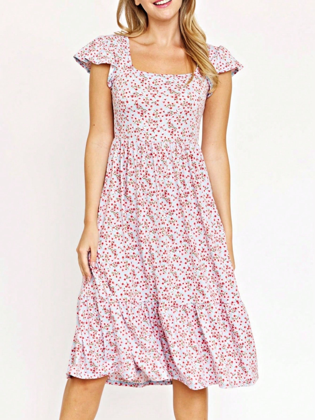 Boho Retro Ditsy Floral Flutter Puff Sleeve Square Neck Tiered Ruffle Tea Midi Length Classic Bridgerton Dress