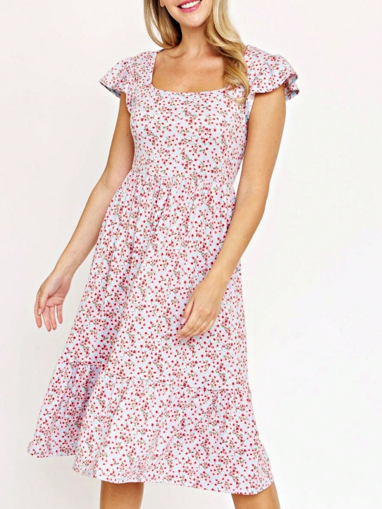 Boho Retro Ditsy Floral Flutter Puff Sleeve Square Neck Tiered Ruffle Tea Midi Length Classic Bridgerton Dress